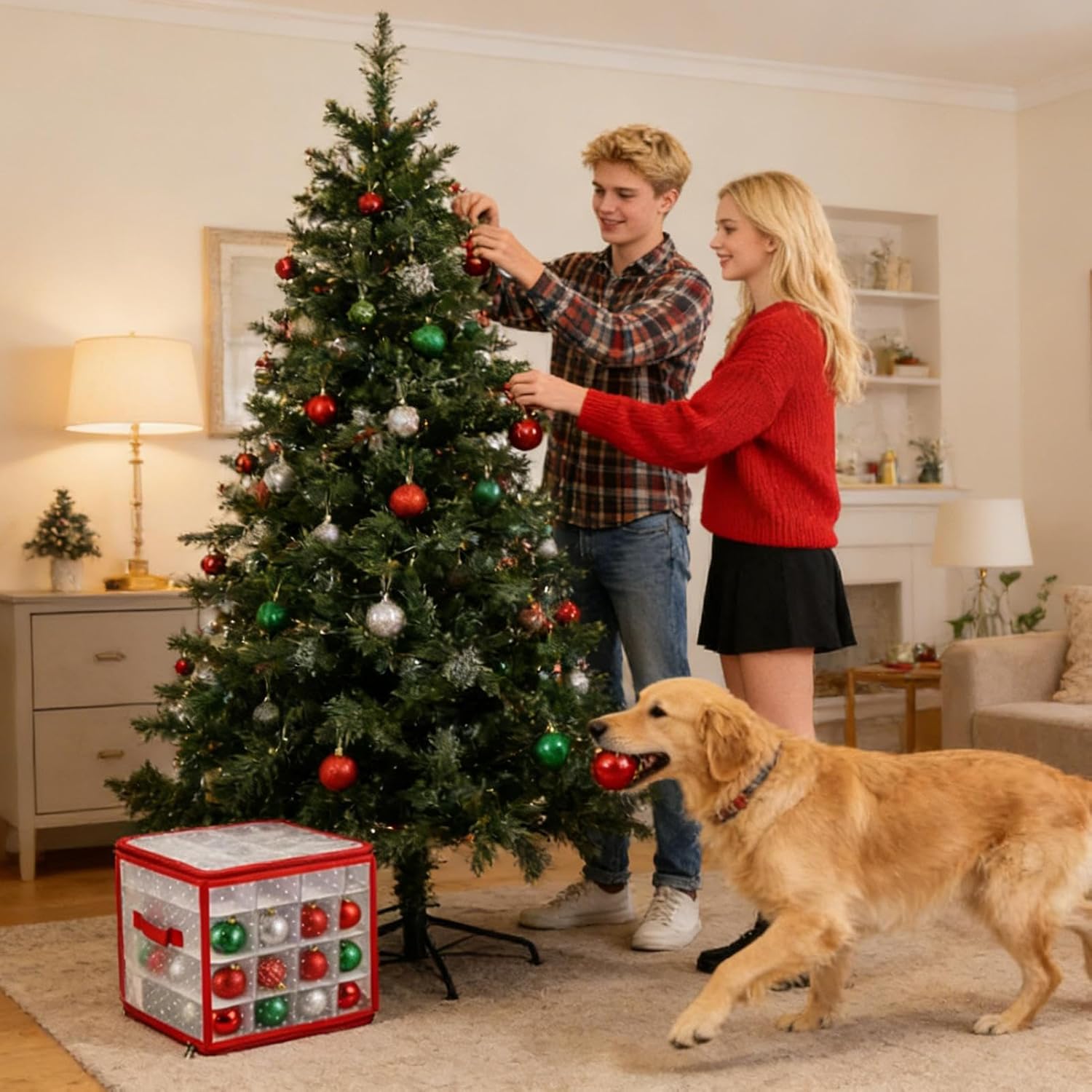 Ornament Storage Box | Holiday Decor Container with Dividers - Christmas Ball Container | for Bedroom Living Room Indoor Outdoor Fireplace Mantel Kitchen