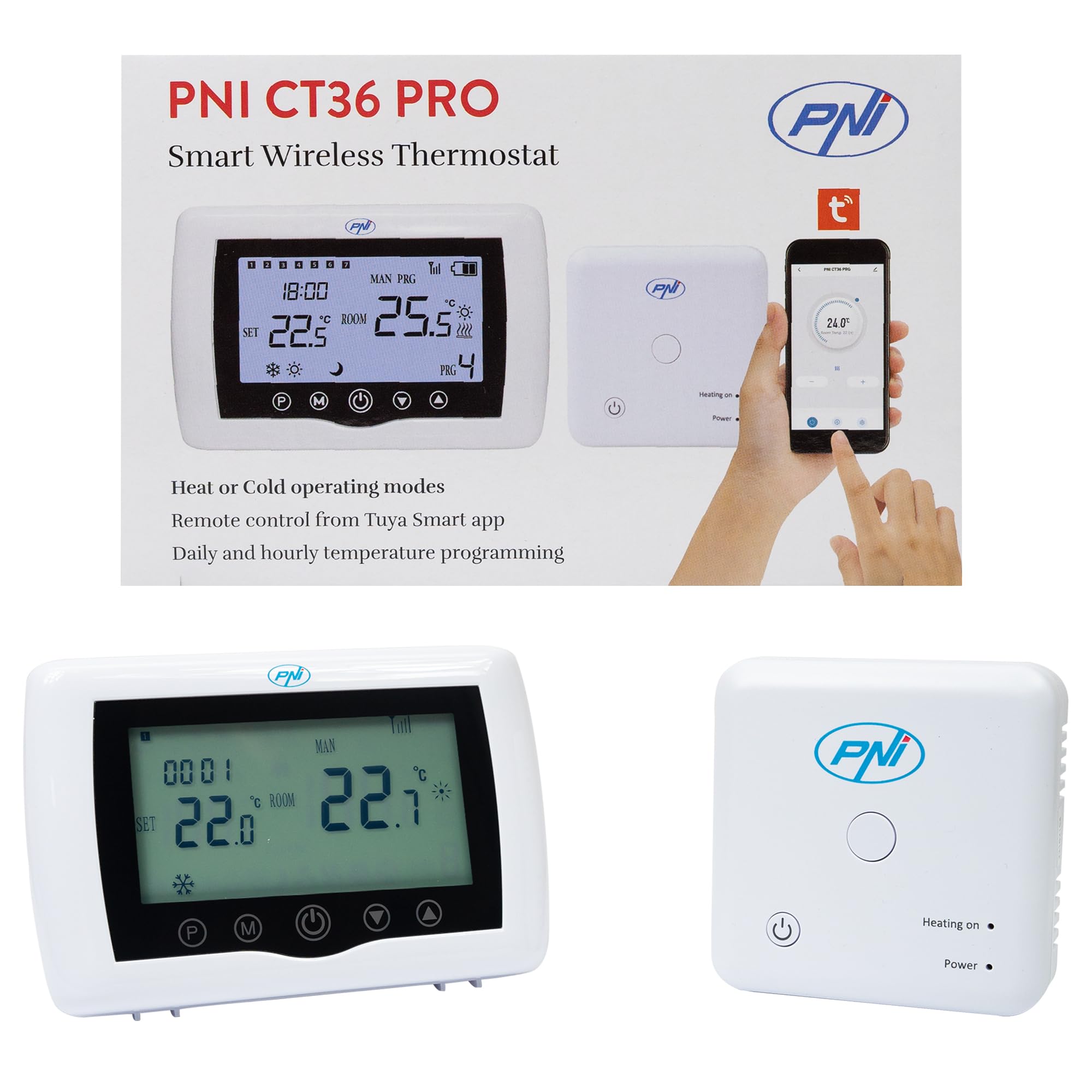 Inteligentny termostat PNI CT36 PRO bezprzewodowy, z WiFi, sterowanie za pośrednictwem aplikacji internetowej TuyaSmart, do elektrowni cieplnych, ogrzewania i chłodzenia w trybie zimowym i letnim