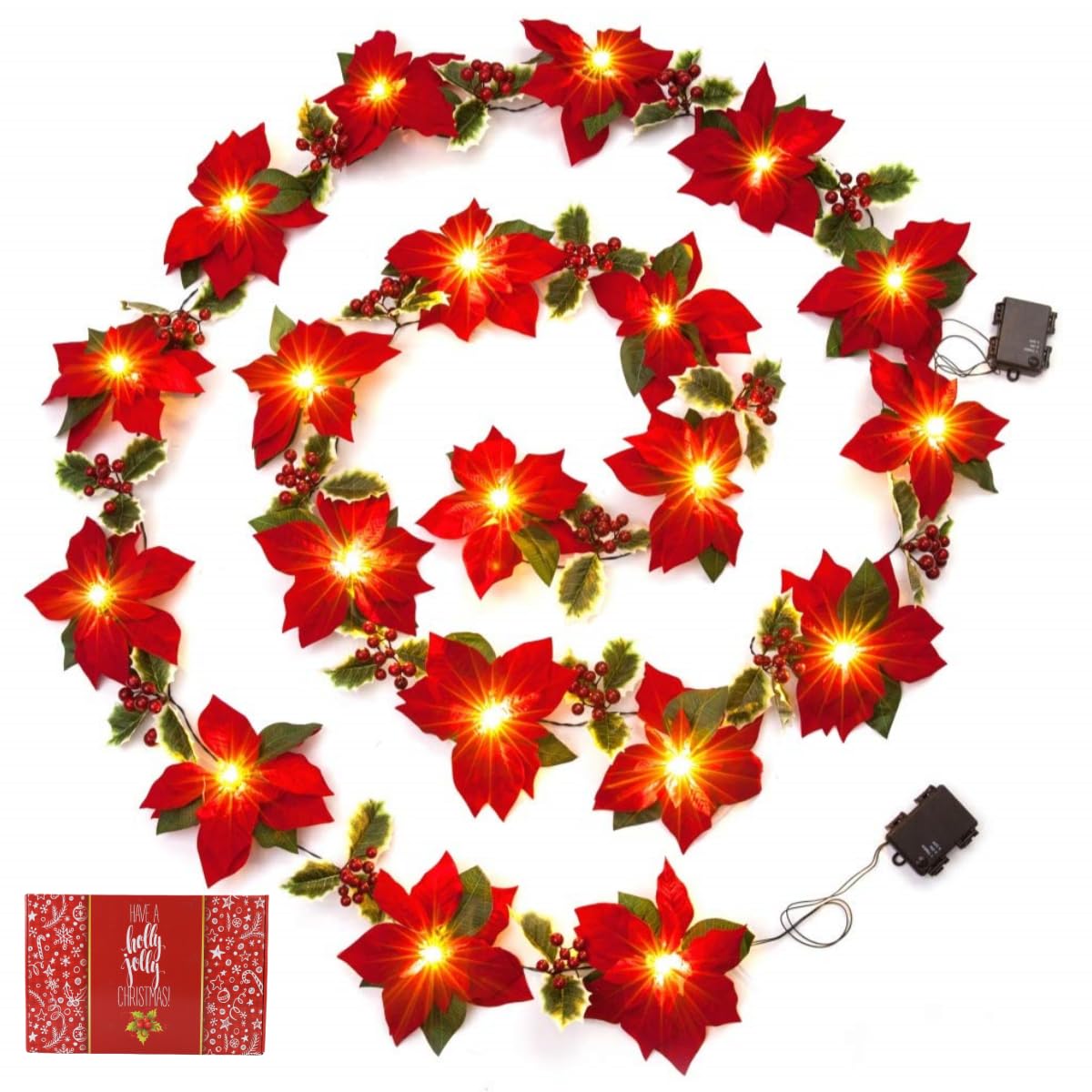 2PK 6FT Christmas Pre Lit Decoration Garland Poinsettia Garland with Red Berries & Holly Leaves, Christmas Garland,Artificial Poinsettia Garland(Red)