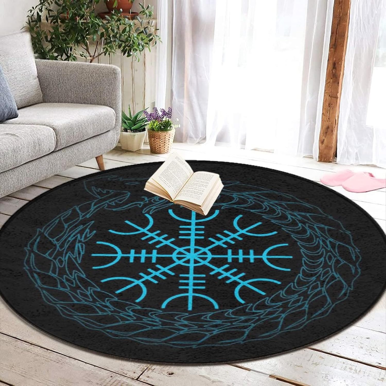 Magical Runic Compass Vegvisir of Norse Runes Art Round Area Rug for Bedroom, Living Room, Home, Memory Foam Luxurious Floor Pad Rugs Entrance Mat, Non Slip Fast Dry Woman Yoga Mat (60 Diameter)