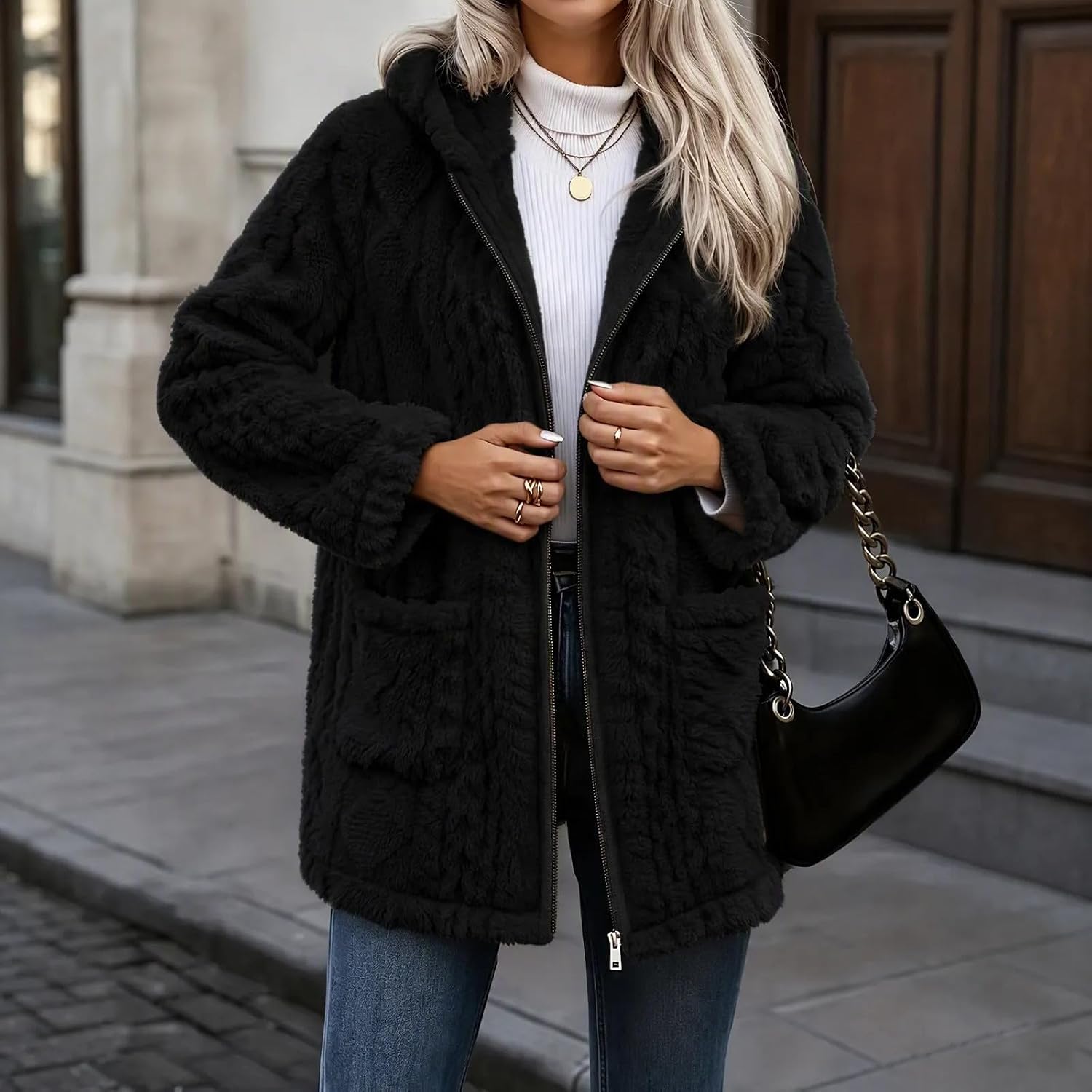 Women's Textured Jacket Hooded Zip Front Classic Long Fleece Coat