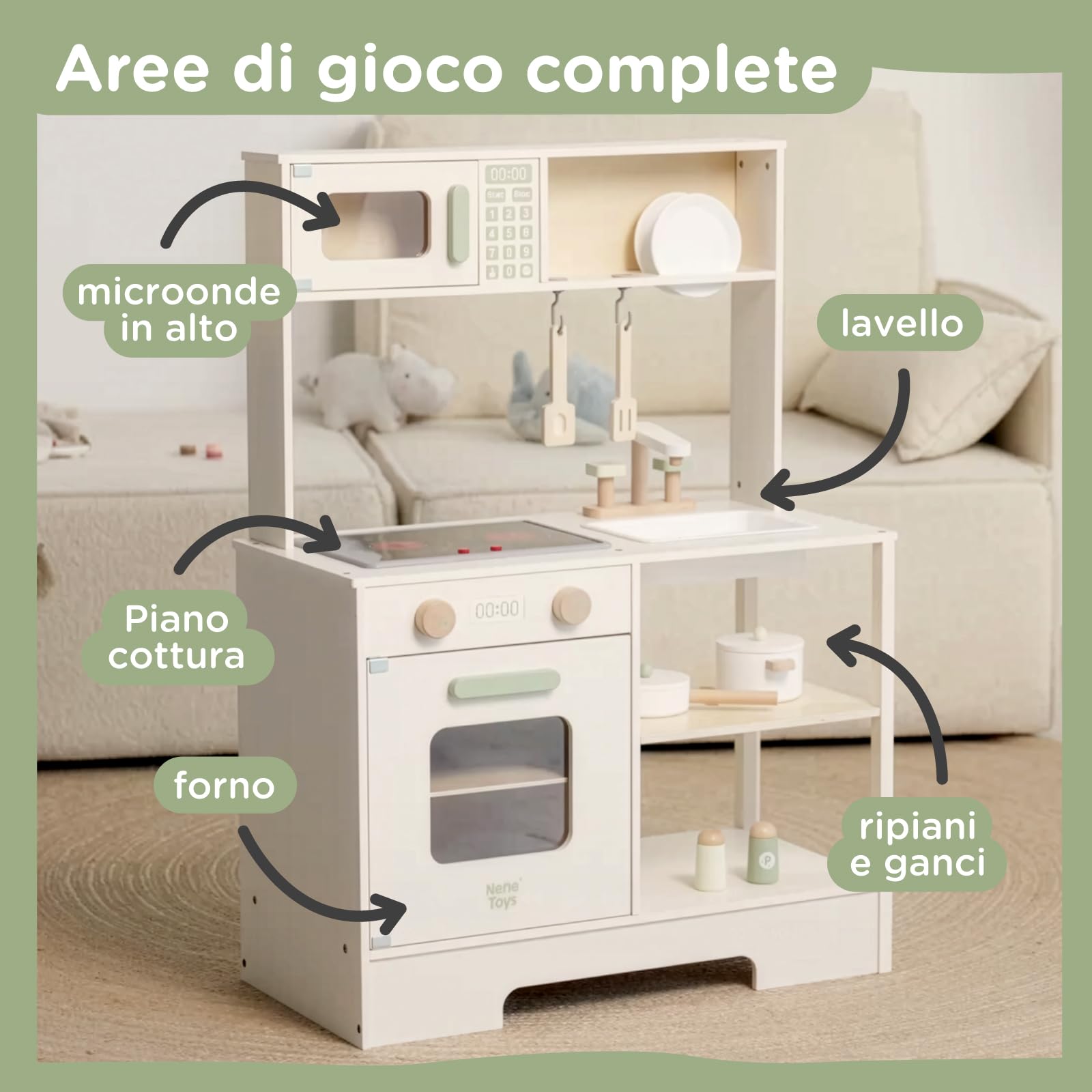 Nene Toys Cucina Giocattolo per Bambini – Cucina in Legno per Bambini con Luci e Suoni, Microonde e Forno, Ripiani e Ganci + Accessori – Gioco Montessori dai 3 Anni – Idea Regalo Bambina e Bambino