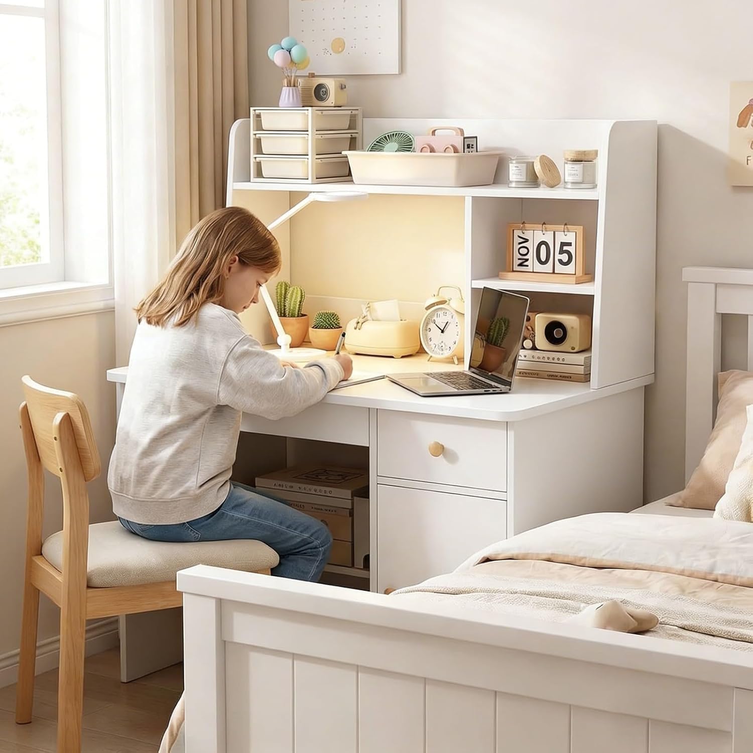 ELZEM Escritorio Infantil Rosa con Estantería y Cajón, Mesa de Estudio de Madera Maciza con Baldas y Armario, Mueble Que Ahorra Espacio para Dormitorio de Niños B,80x40x107cm
