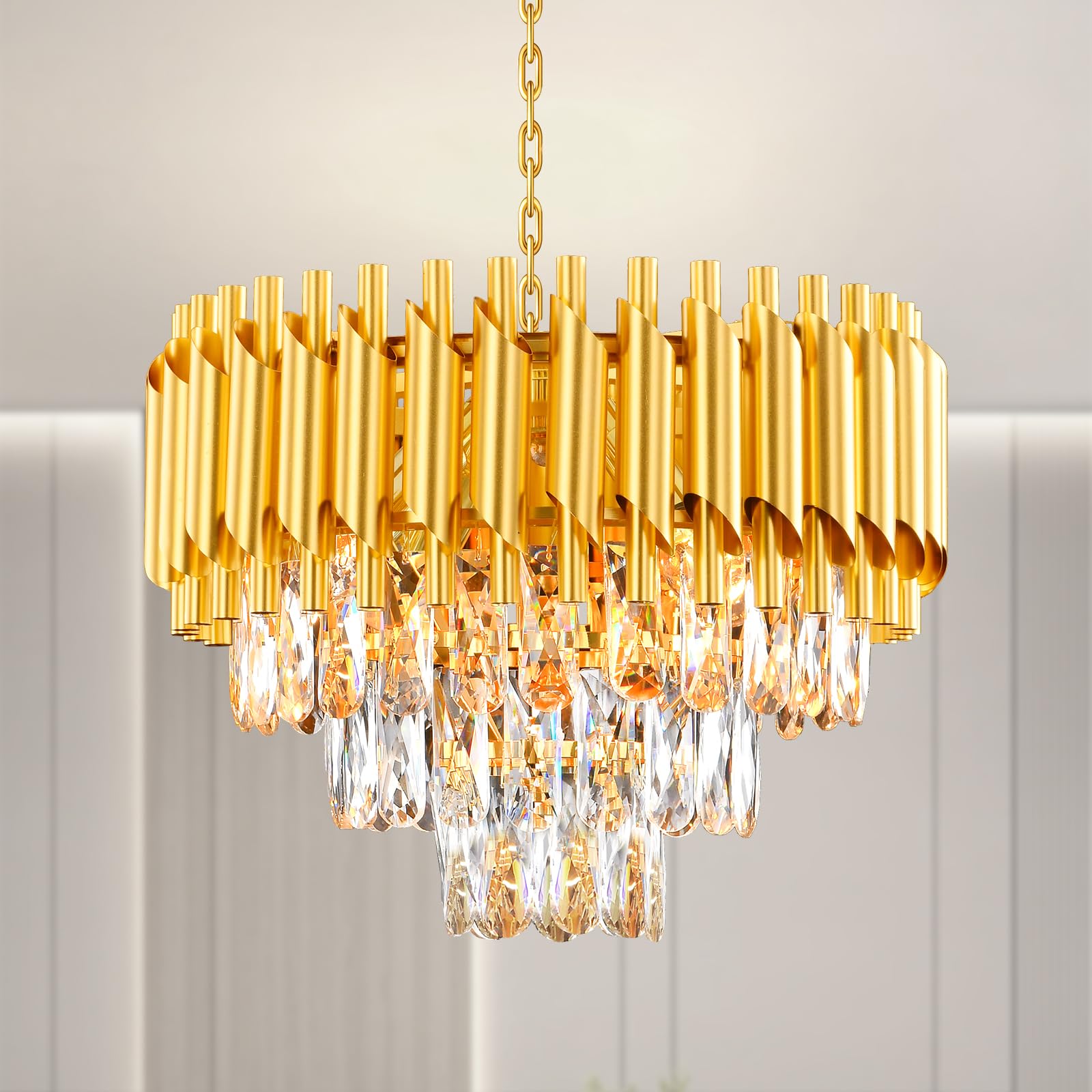 AHXIAOZN Modern Crystal Chandelier Gold Chandelier, 3-Tier Crystal Light Fixture, Round Pendant Light, Raindrop Flush Mount Ceiling Light for Bedroom Living Room, E14x5 Bulb Ø40cm