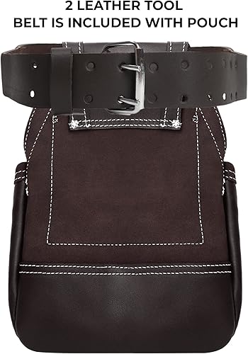Miniatura 2 de Genuine Leather Tool Pouch Bag with 2'' Work Belt Included for Handyman, Construction, Carpenter, Farmers with 10 Pockets 2 Hammer Holders