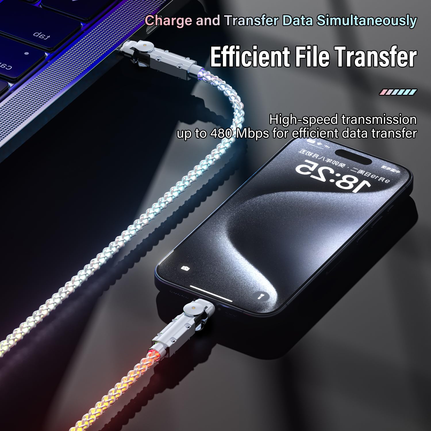 LED Light Up Lot de 2 câbles de charge USB C rotatifs 2 m