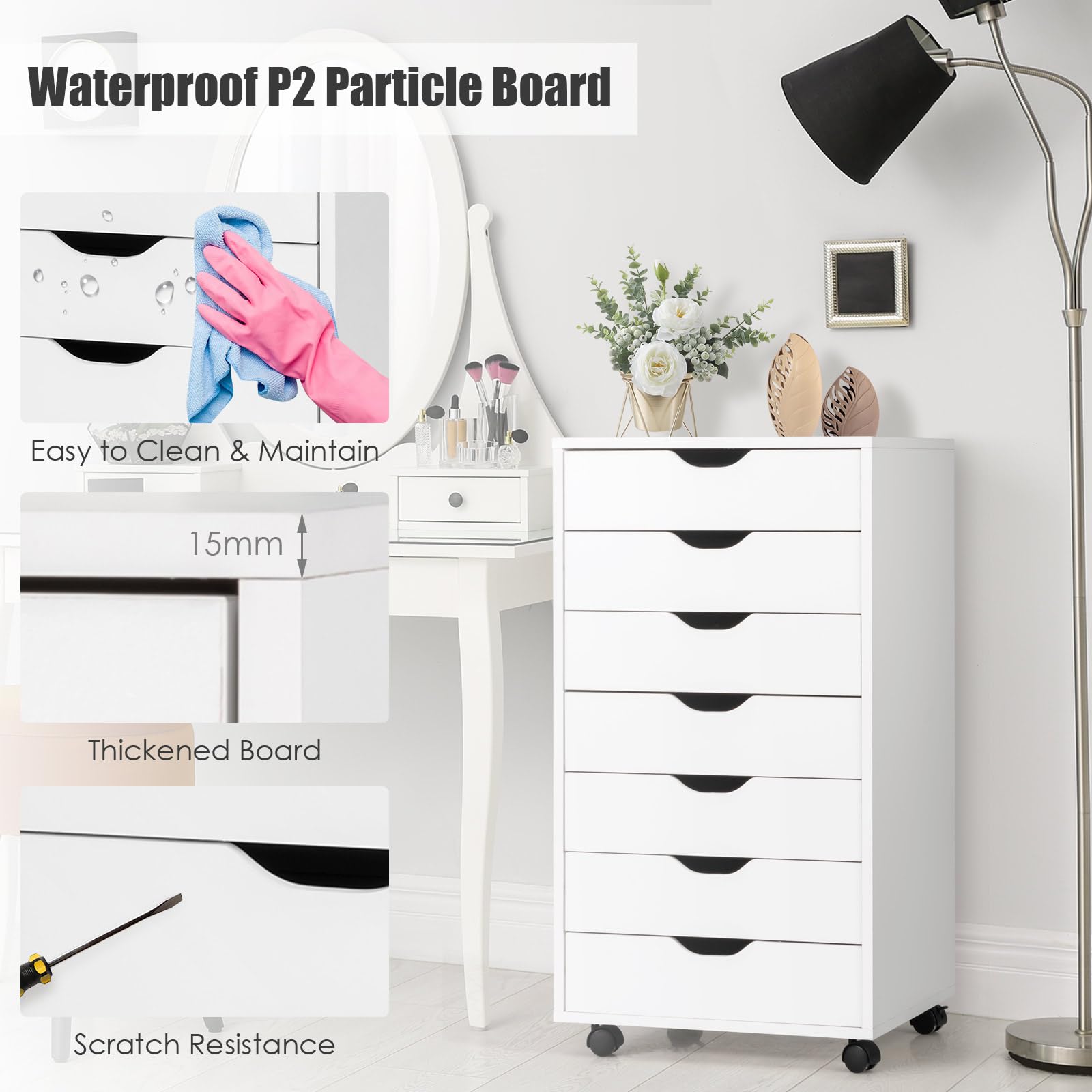 KOMFOTTEU Armoire de Classement avec 7 Tiroirs, Caisson de Rangement Mobile avec 2 Roulettes verrouillées, Classeur de Dossiers en Bois, pour Bureau, Salon, 49 x 40 x 87 cm (Blanc)