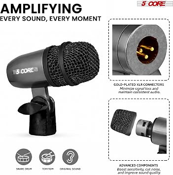 5 CORE Snare Microphone Copper Finish XLR Wired Cardioid Uni Directional Tom Kick Drum Mic w Smooth Swivel Mount Steel Mesh Grille Rim Mount Black - Snare MIC BLK