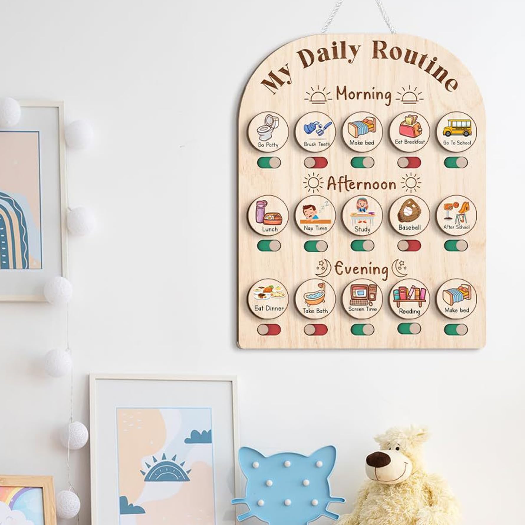 Tabella della Routine giornaliera per Bambini Tabella della Routine per Bambini in Legno con Scatola portaoggetti Programma visivo per delle faccende domestiche e Scolastiche per Bambi