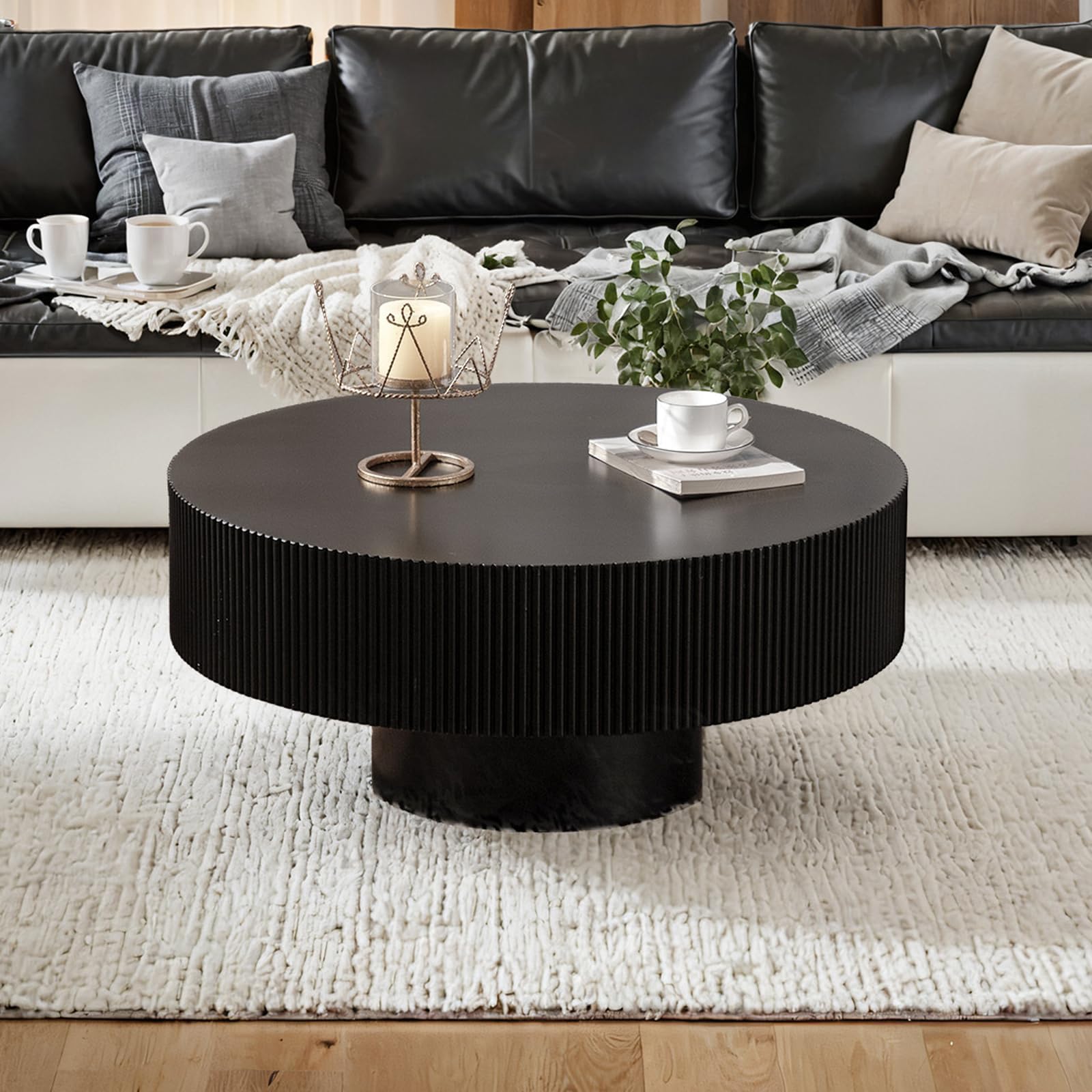 WXFKLDJ Round Drum Coffee Table 30.7" Handcraft Fluted Coffee Table, Black
