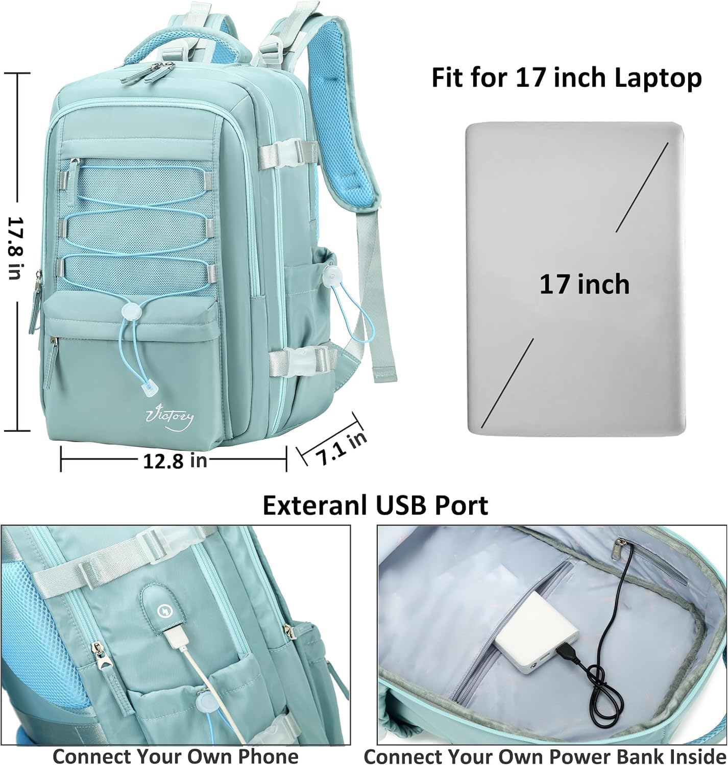 Travel Backpack for Women Men 17 Inch Laptop Backpacks with USB Port Carry on Bag Airline Approved Large College School Bookbags Waterproof Work Business Sport Rucksack Casual Daypack (Green) - Image 6