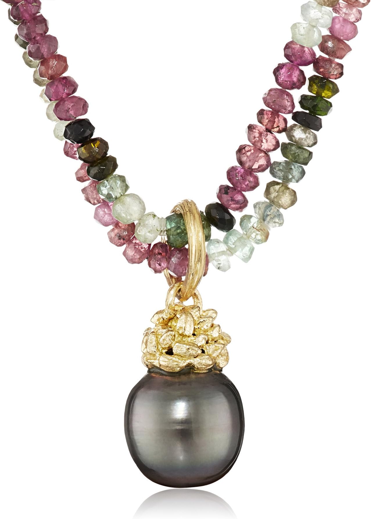 18k Yellow Gold, Tourmaline, and Tahitian Cultured Pearl Double-Strand Necklace, 17.5"