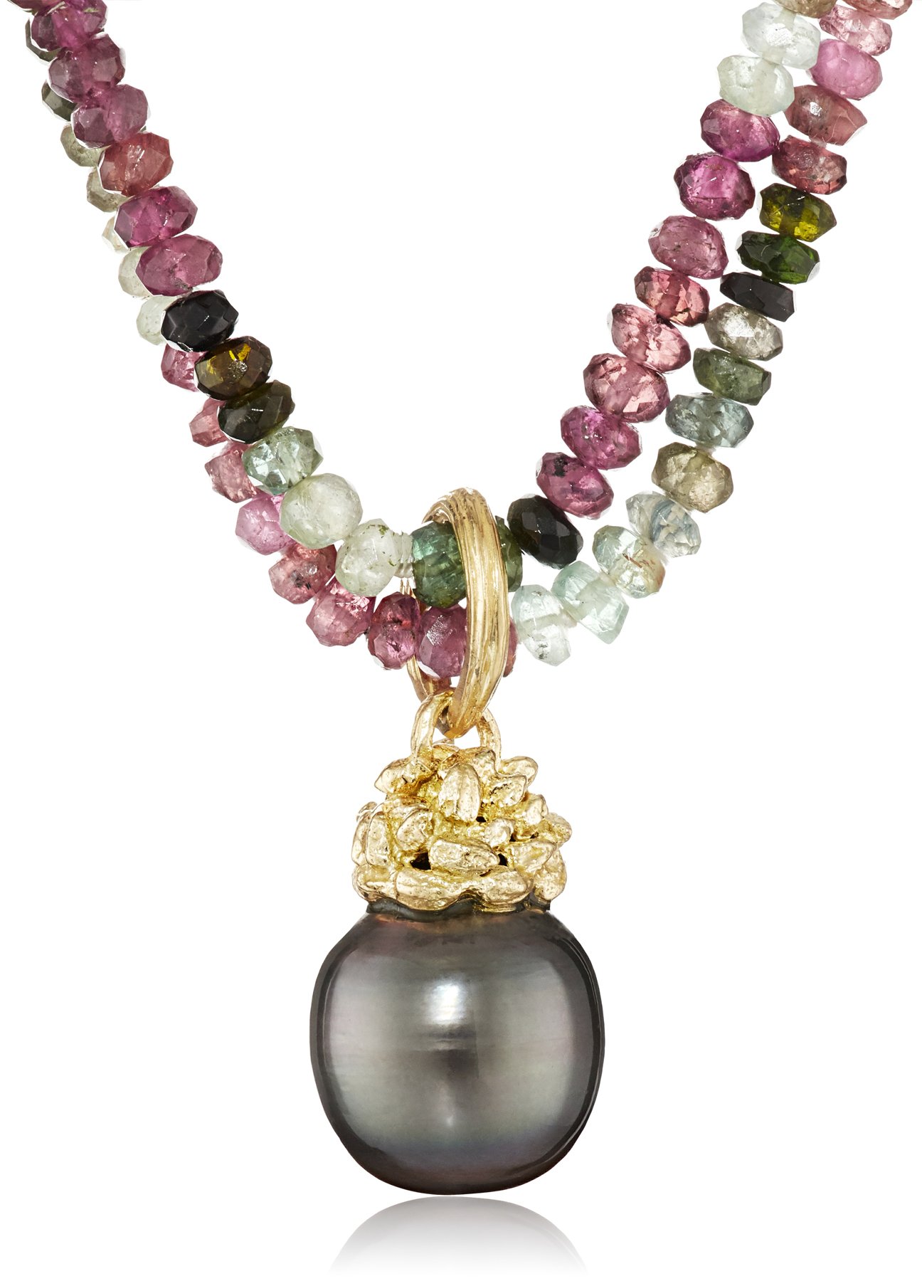 18k Yellow Gold, Tourmaline, and Tahitian Cultured Pearl Double-Strand Necklace, 17.5"