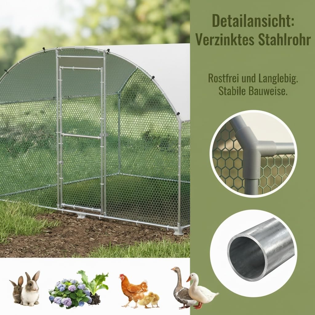 Freilaufgehege Bogen Dach 3x8x2m,Hühnerstall aus Verzinkter Stahl Mit PE Dachabdeckung,Verdickte PVC Verbinder &Riegel für Haustierkäfig Hühnerkäfig Kleintiere Pflanzen