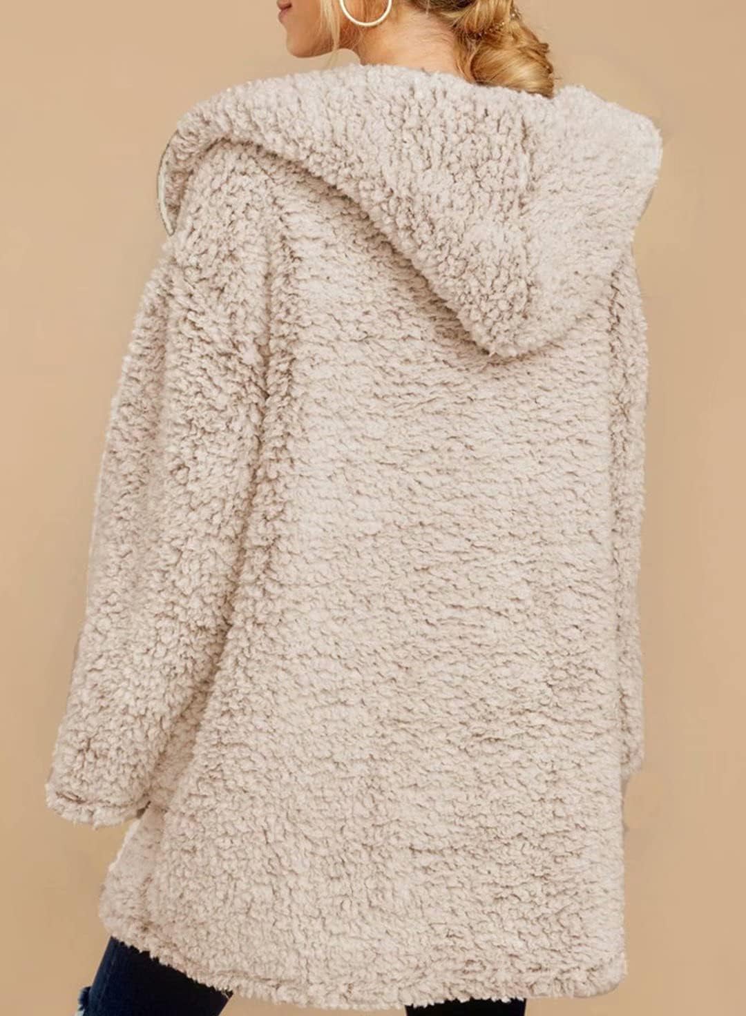 Dokotoo Womens 2024 Winter Long Sleeve Solid Fuzzy Fleece Open Front Hooded Cardigans Jacket Coats Outerwear with Pocket