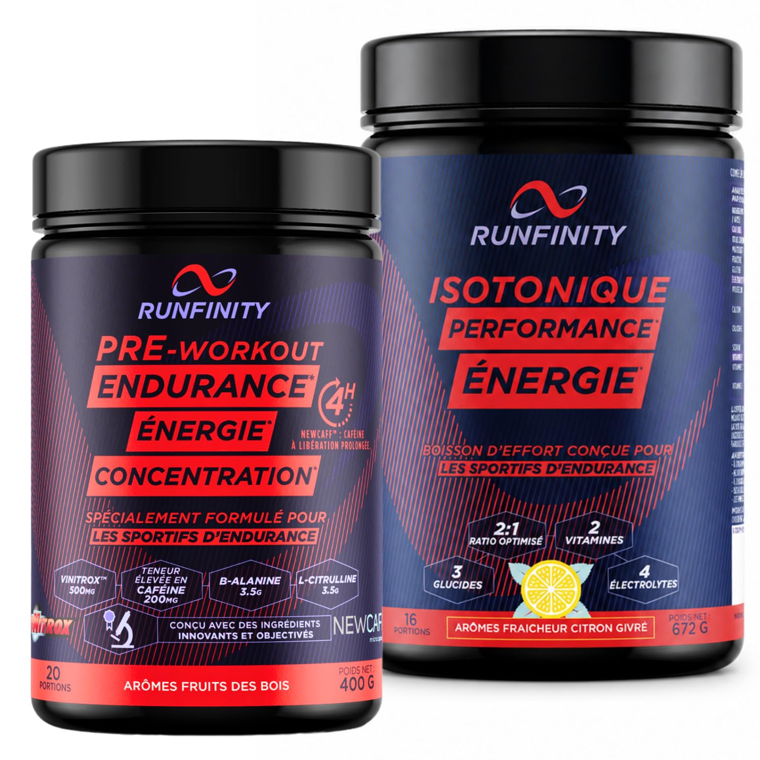 Pack Nutrition Endurance - Preworkout + Boisson Isotonique Runfinity | Booster d’Énergie Longue Durée : 4h d'Efficacité – Boisson d’effort Citron Givré – Optimisée Endurance – Made in France