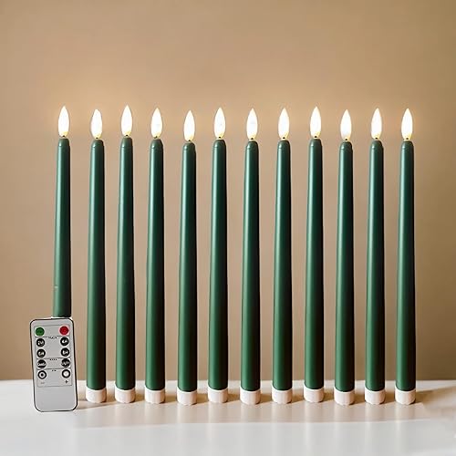 Juego de 12 velas cónicas sin llama verde con temporizador remoto, parpadeantes con pilas, juego de 12