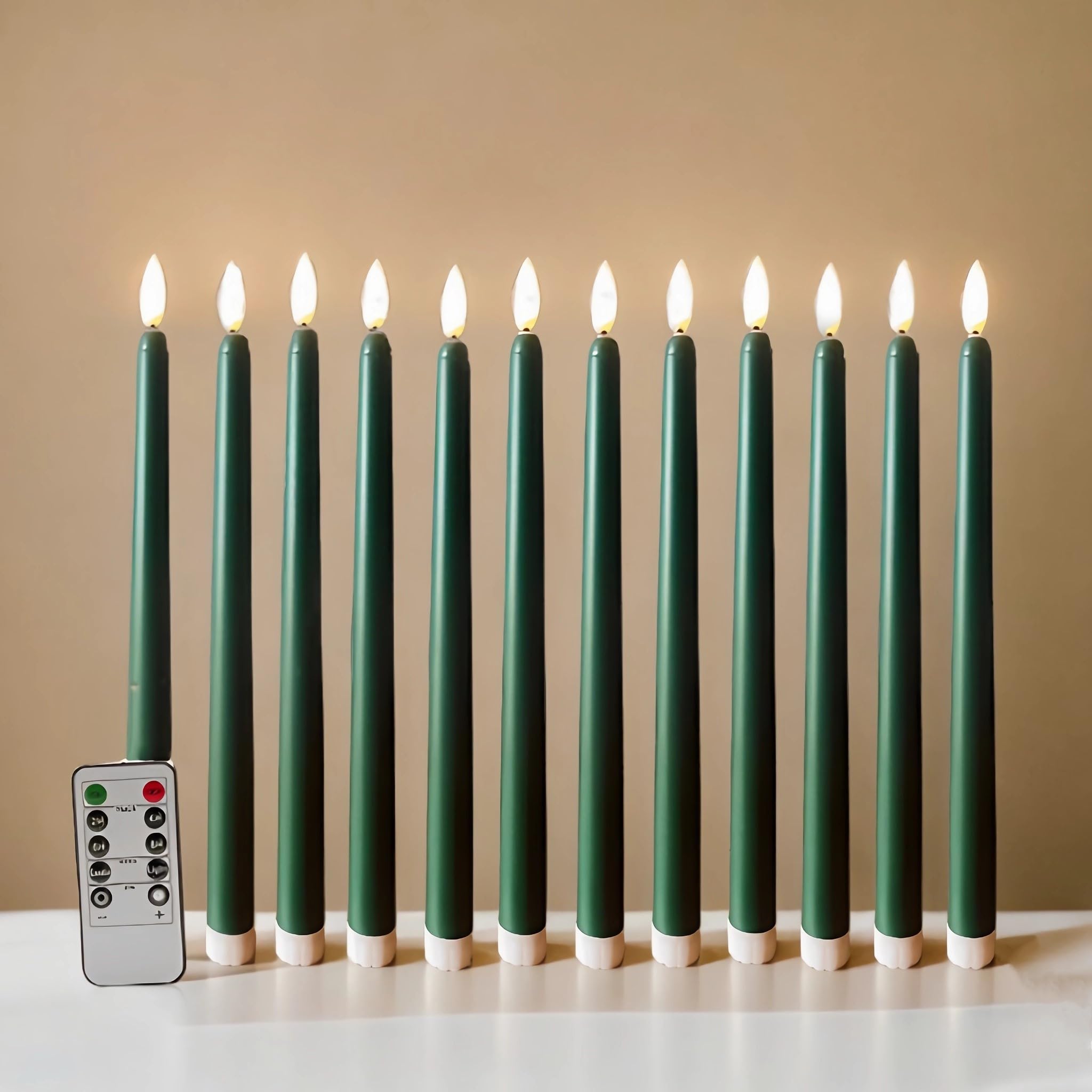 Green Christmas Flameless Taper Candles with Remote Timer, Flickering Battery Operated LED Candlesticks Set of 12