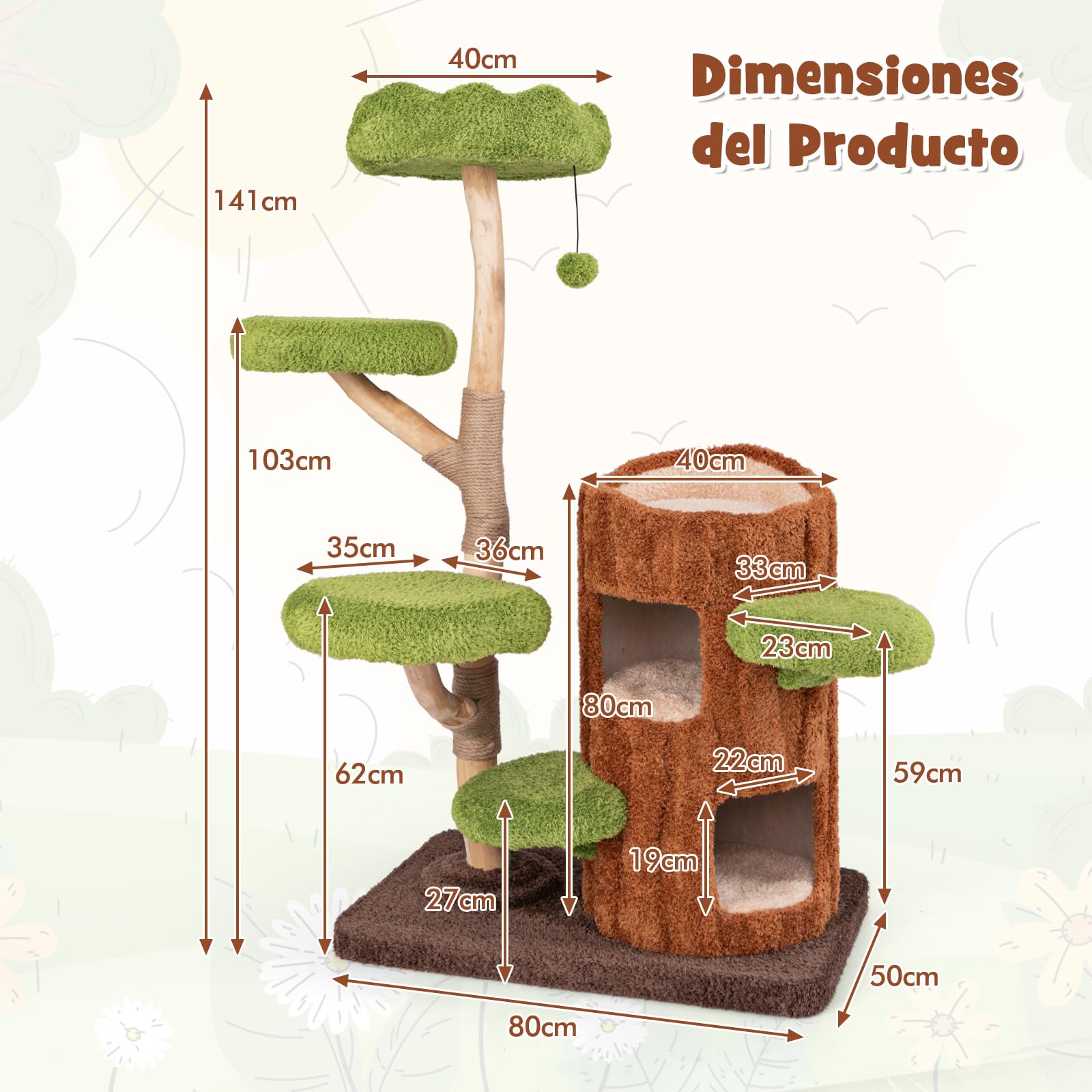 COSTWAY Árbol para Gatos, 141 cm Rascador para Gatos con Postes de Rascado y Panel de Sisal, Perchero Superior y 4 Plataformas Redondas, Juguete Colgante, Muebles para Gatos de Madera Natural