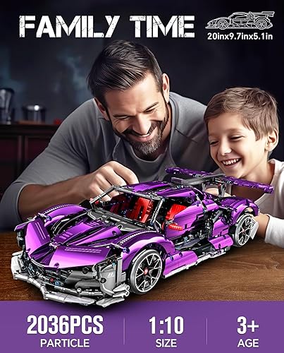 Miniatura 6 de Juego de construcción de autos deportivos plateados color morado, kit de construcción coleccionable para adultos y modelo de juguete de carreras,