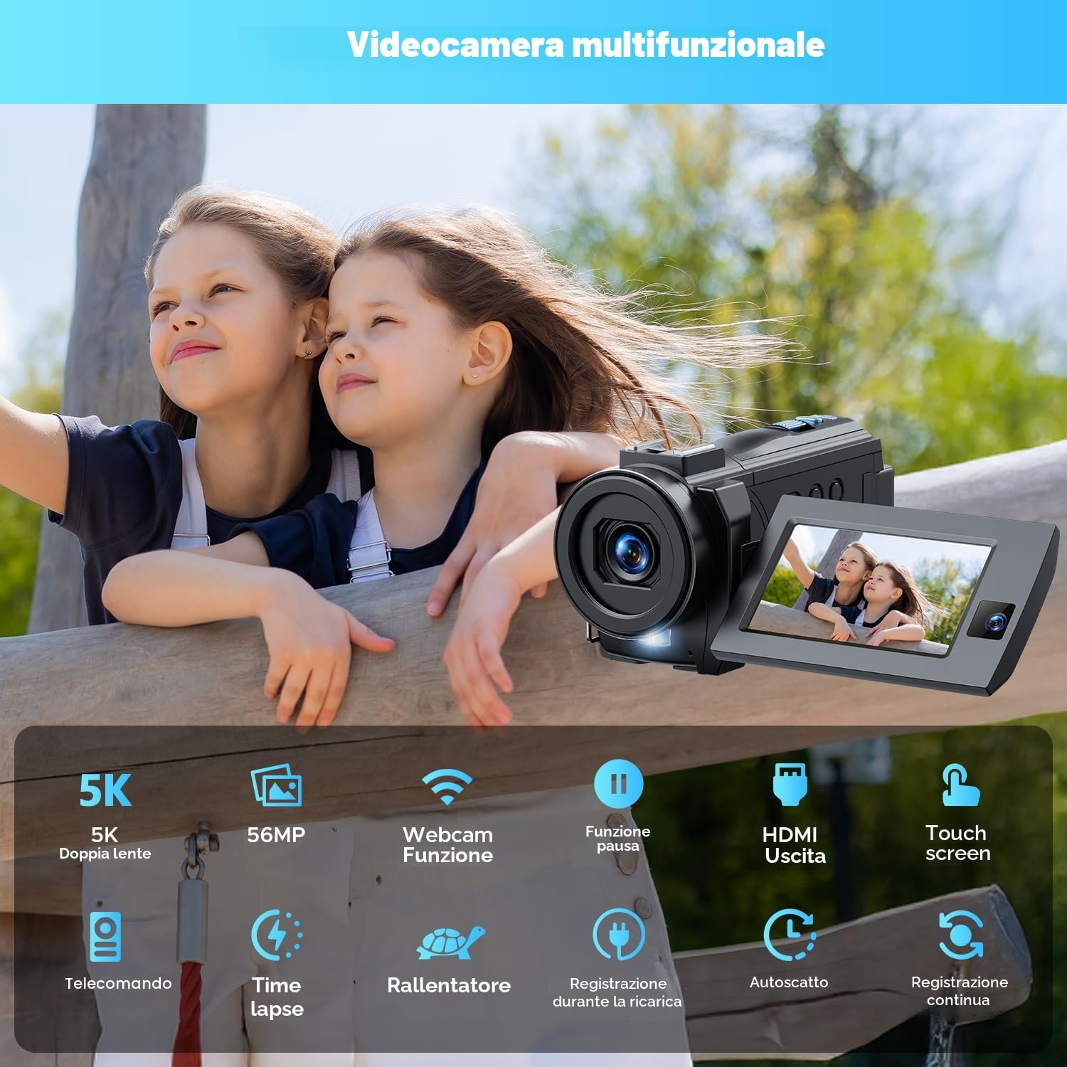 Videocamera Camcorder 5K 56MP Doppio Obiettivo 16X WiFi IR Night Vision Video Camera 3.0" Touchscreen Vlogging Camera per YouTube con 2 Batterie,Scheda 64G,Paraluce,microfono