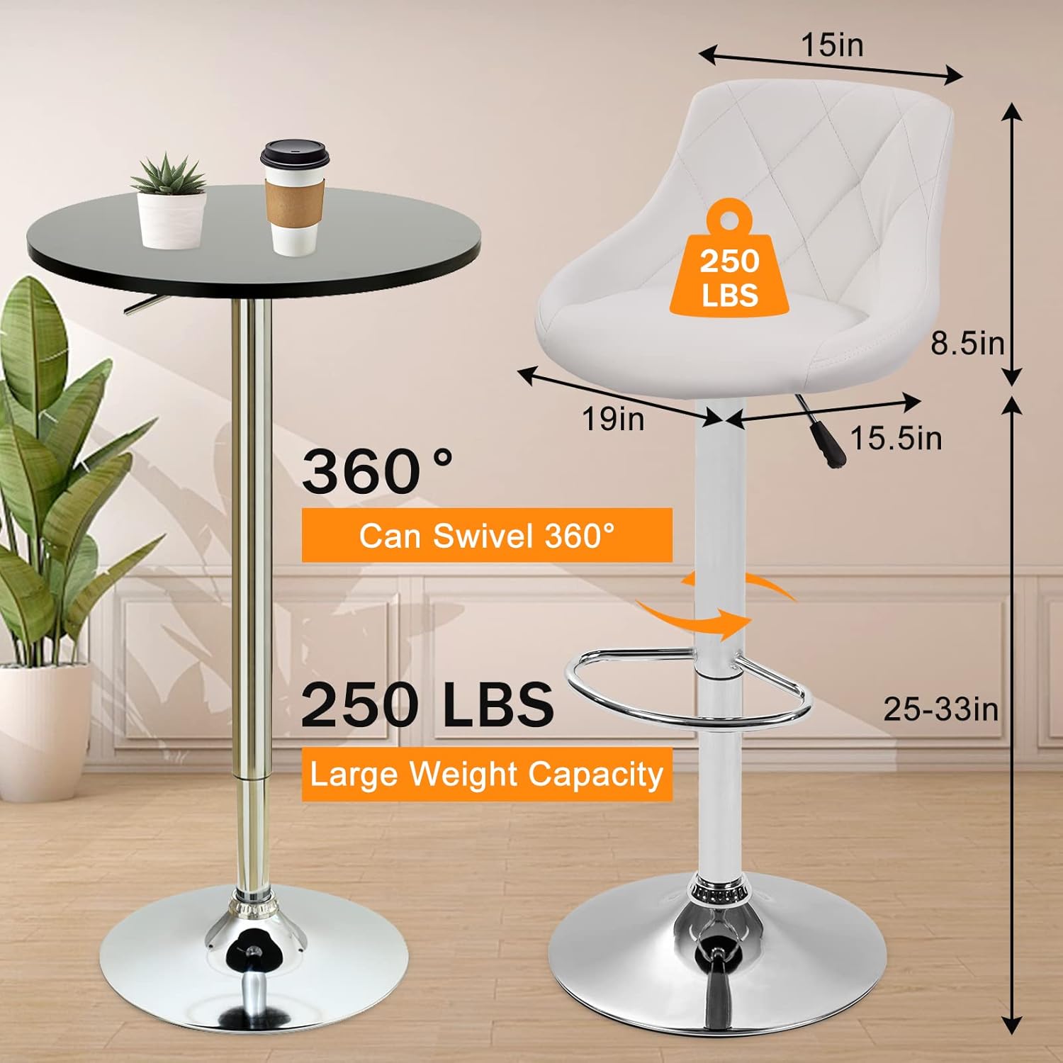 White Bar Stools Set of 2, PU Leather Island Chairs Barstool Kitchen Stool Chair with Back & Footrest, Swivel Bar Height Stools Counter Stool Bar Stool for Bar, Dining Room, 24.8"-32.7" Height, Black