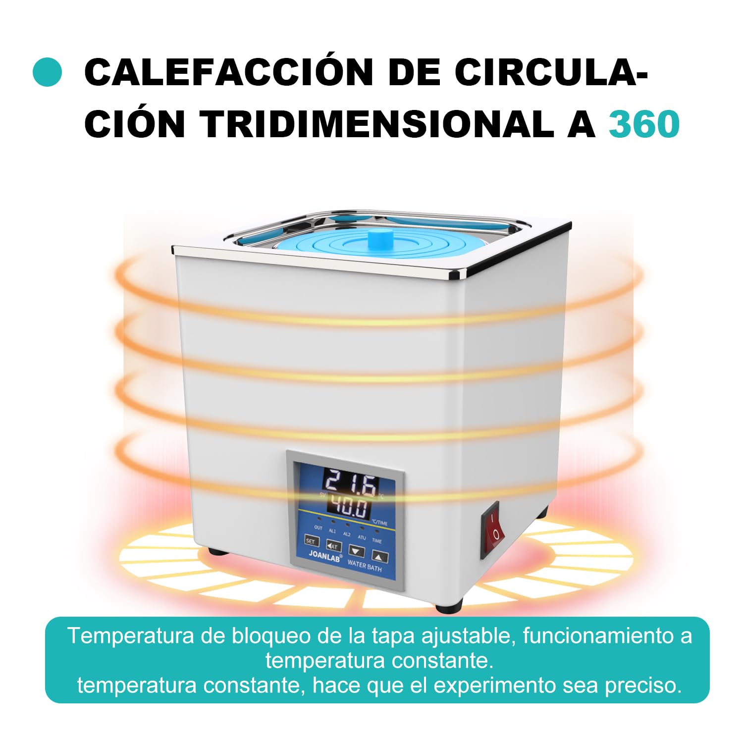 JOANLAB Baño María Laboratorio 3L, 300W - Una Abertura, Acero Inoxidable - Termostato Digital ±0,1°C - Temporizador 0-99 Min - Pantalla LED