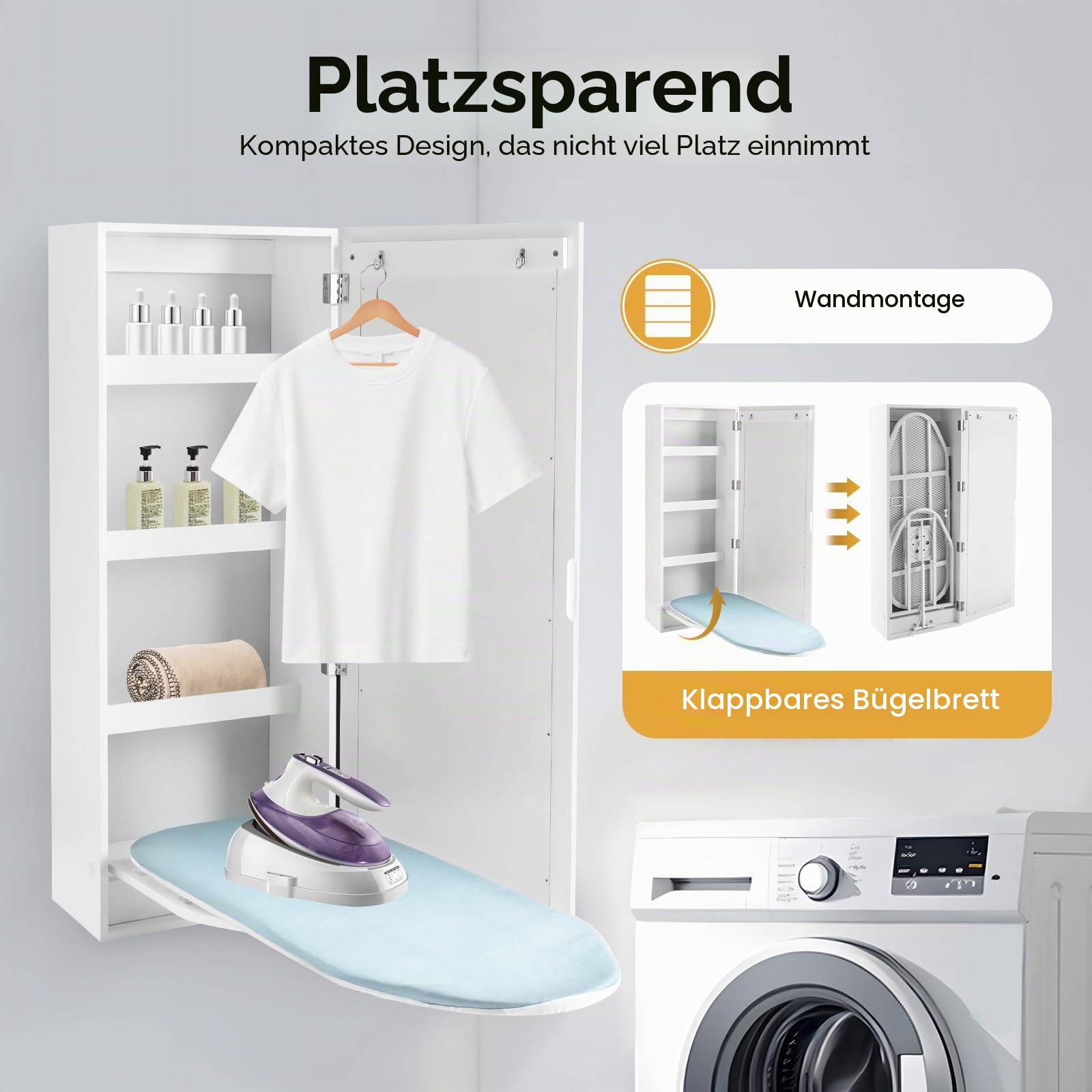 Wall Mounted Ironing Board Cabinet, Bügelbrett Schrank, 180° schwenkbare Metallbasis & Spiegel, klappbar und versteckt, platzsparend