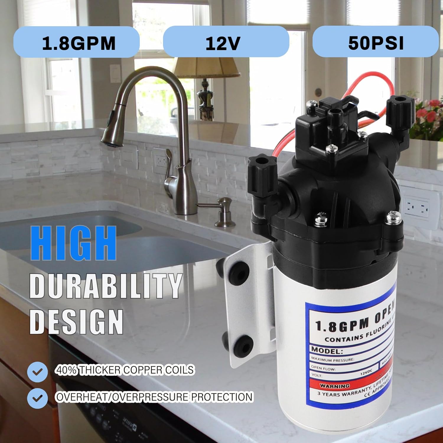 8000-543-236 Automatic-Demand Diaphragm Pump,12V DC Water Pump,1.8GPM,50PSI 3/8" NPT Female Port,for Garden Irrigation and Pressure Washing