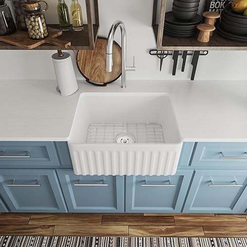 DeerValley Farmhouse Single Kitchen Sink, 24" L x 18" W White Reversible Single Bowl Farm Sink with Apron Front Ceramic Kitchen Sinks with Grid & Strainer