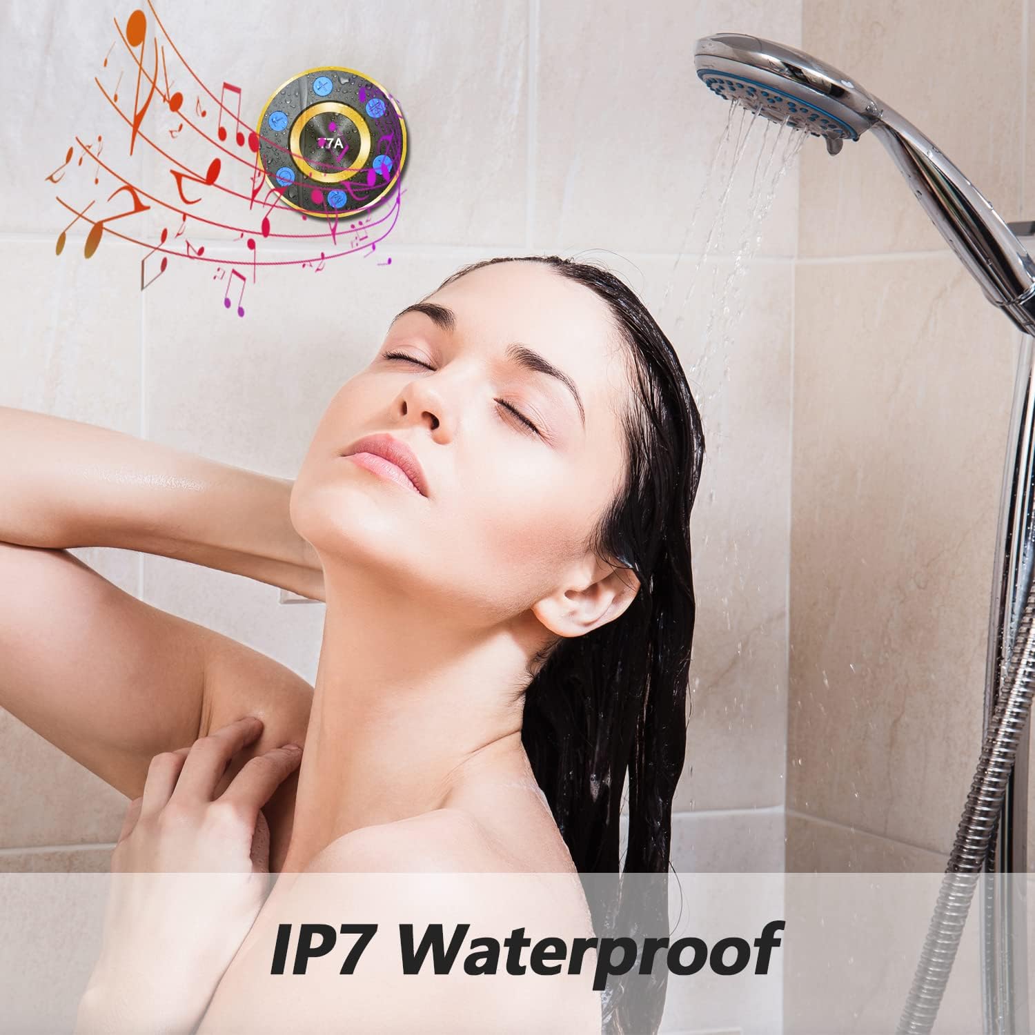 Rulefiss T7A speaker attached to a shower wall with its suction cup, while a person showers