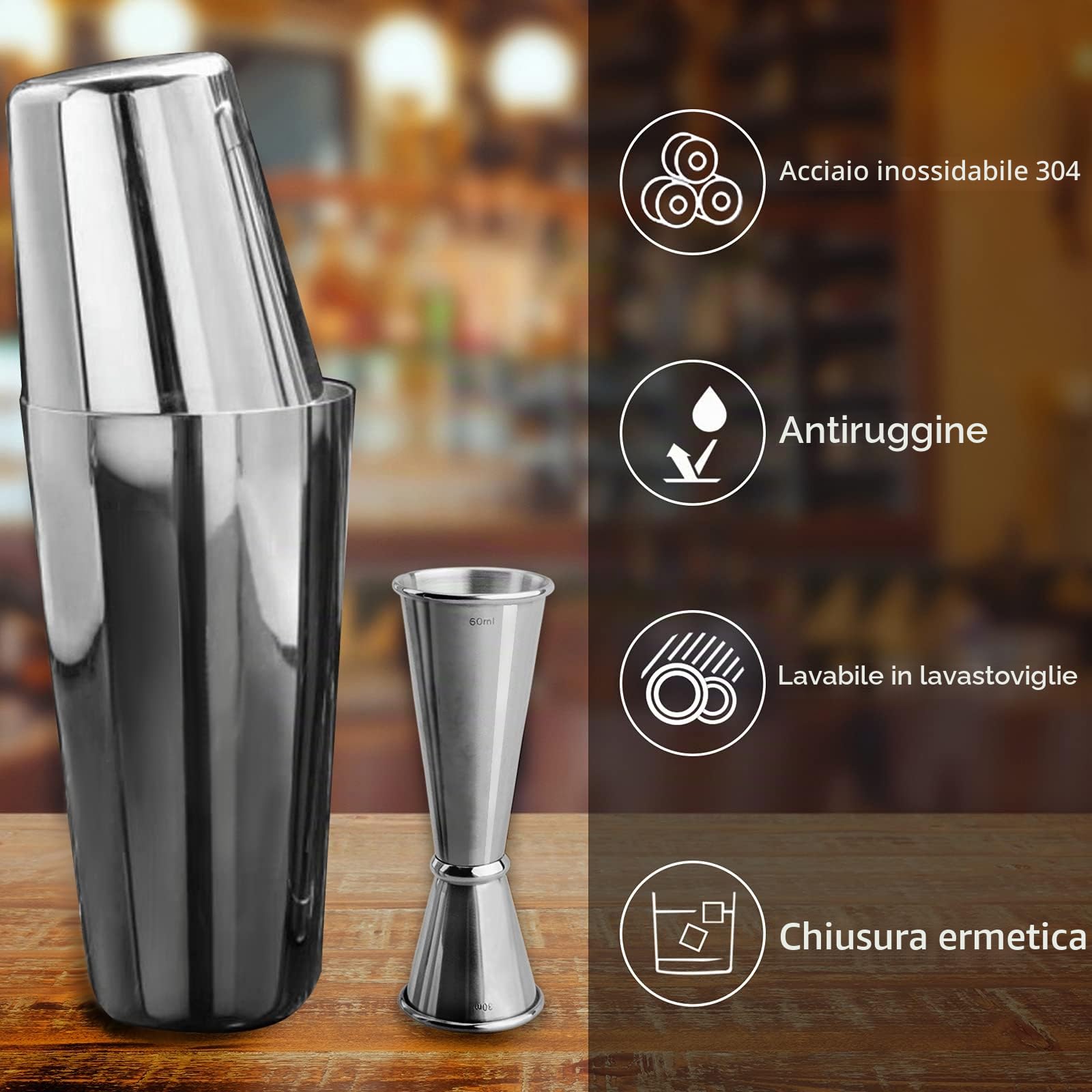 Shaker Boston,Shaker Cocktail 750ml 600ml Anfly Shaker Cocktail Set in Acciaio Inox Inossidabile Jigger Misurino Graduato 60ml 30ml,Kit Cocktail Shaker Tin on Tin