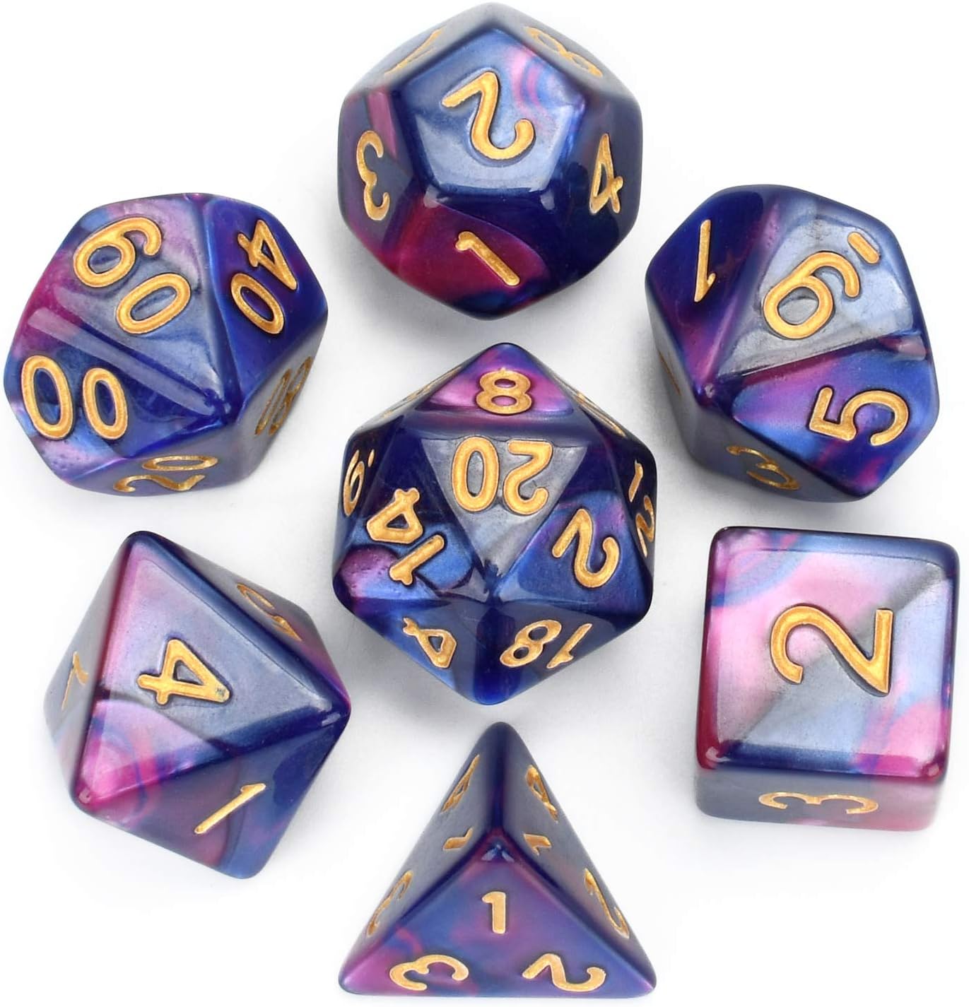 FLASHOWL Pearl D&D Dice Set RPG Dice Polyhedral Dice D20 Dice DND Dice , D12, D10, D8, D6, D4 DND RPG MTG Double Colors Game Dice DND Dice Sets 7 Set Dice for Table Gaming(7 Pieces Purple Blue)