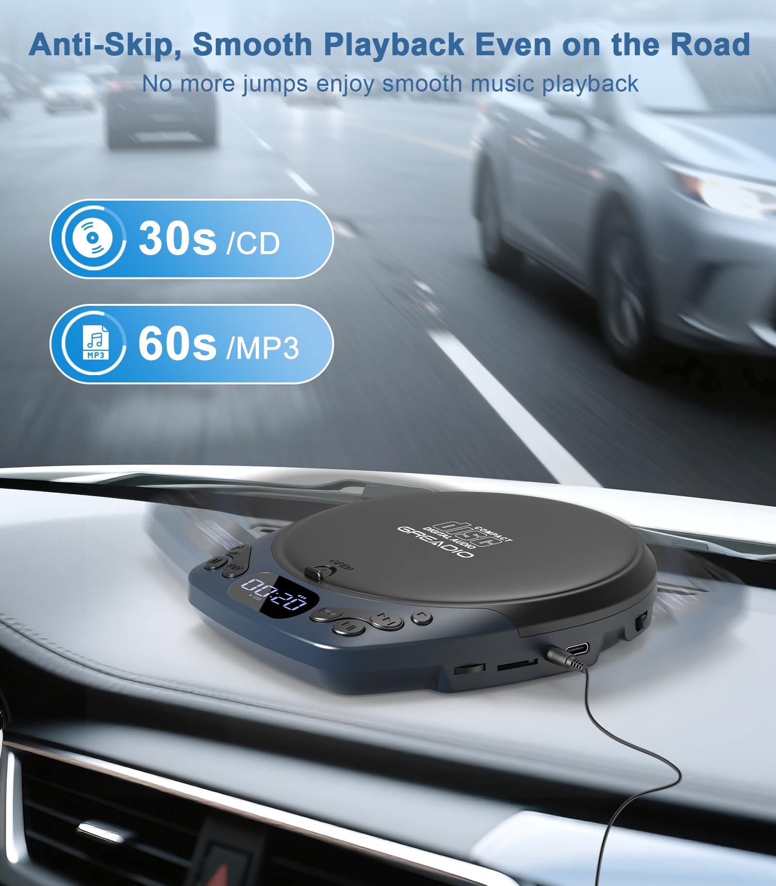 Lecteur CD portable avec écouteurs, lecteurs CD Discman rechargeables pour la maison et la voiture, petits lecteurs CD avec 60 secondes anti-saut, prend en charge CD/MP3/WMA/carte TF/AUX/rétroéclairé