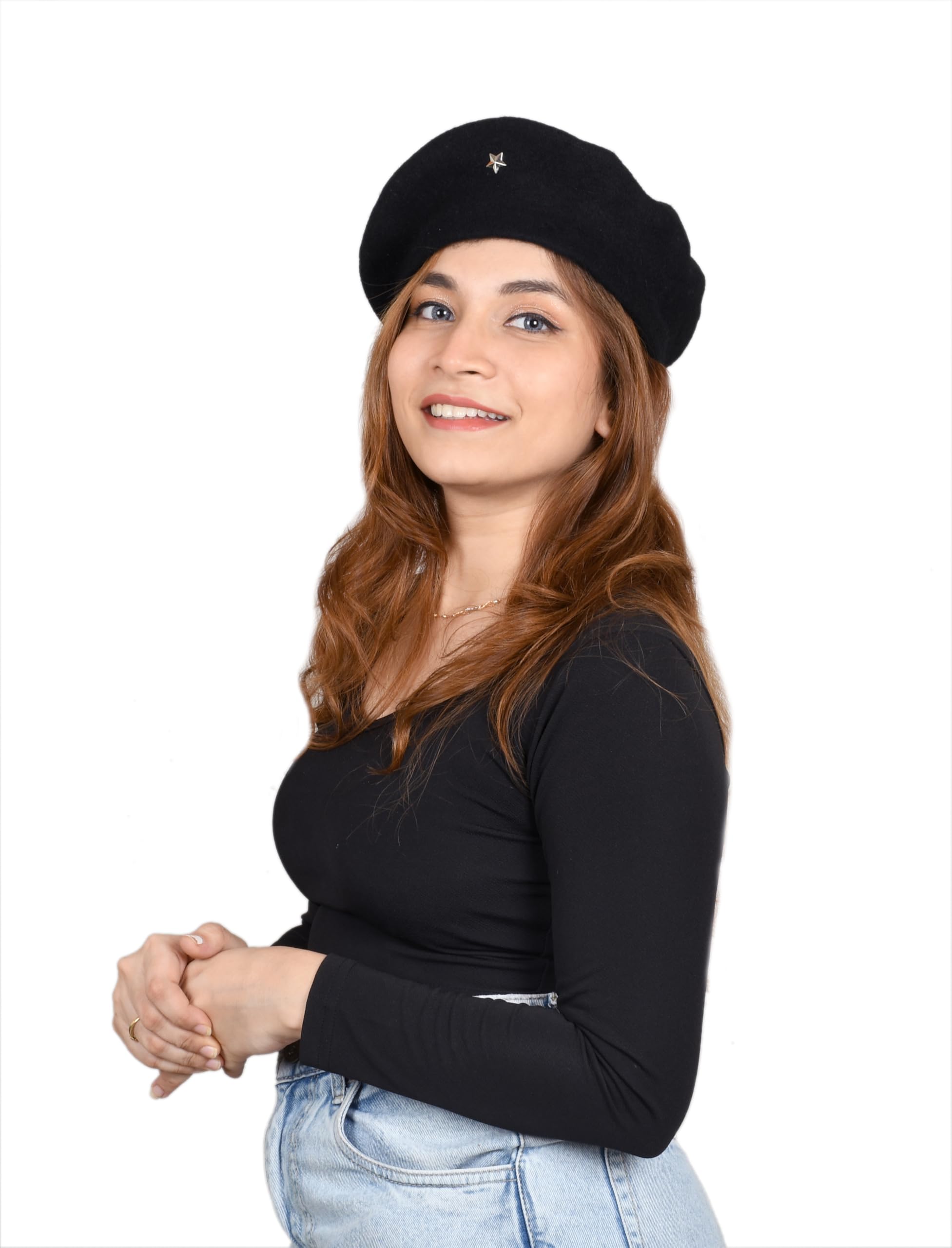 SOUL eTHICS Women's Premium Wool Blend French Artist Beret Cap - Stylish, Warm & Classic - Elegant Winter Beanie Hat for Girls & Ladies -Free Size (in, Alpha, Free Size, Royal Blue, Star) - Image 7 thumbnail