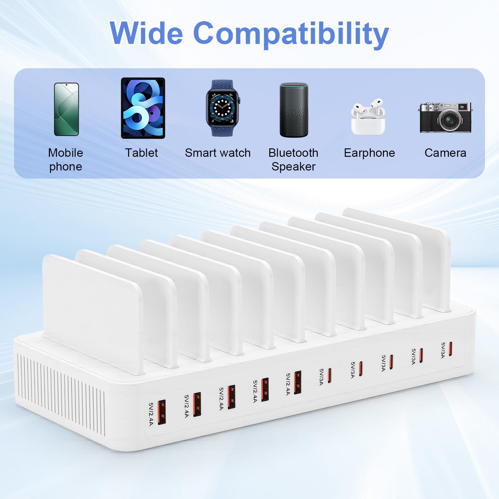 Station de Chargement USB, Station de Recharge 10 Ports 15W avec 10 Câbles, Support Chargeur Telephone,Station de Charge Telephone Portable (Blanc)