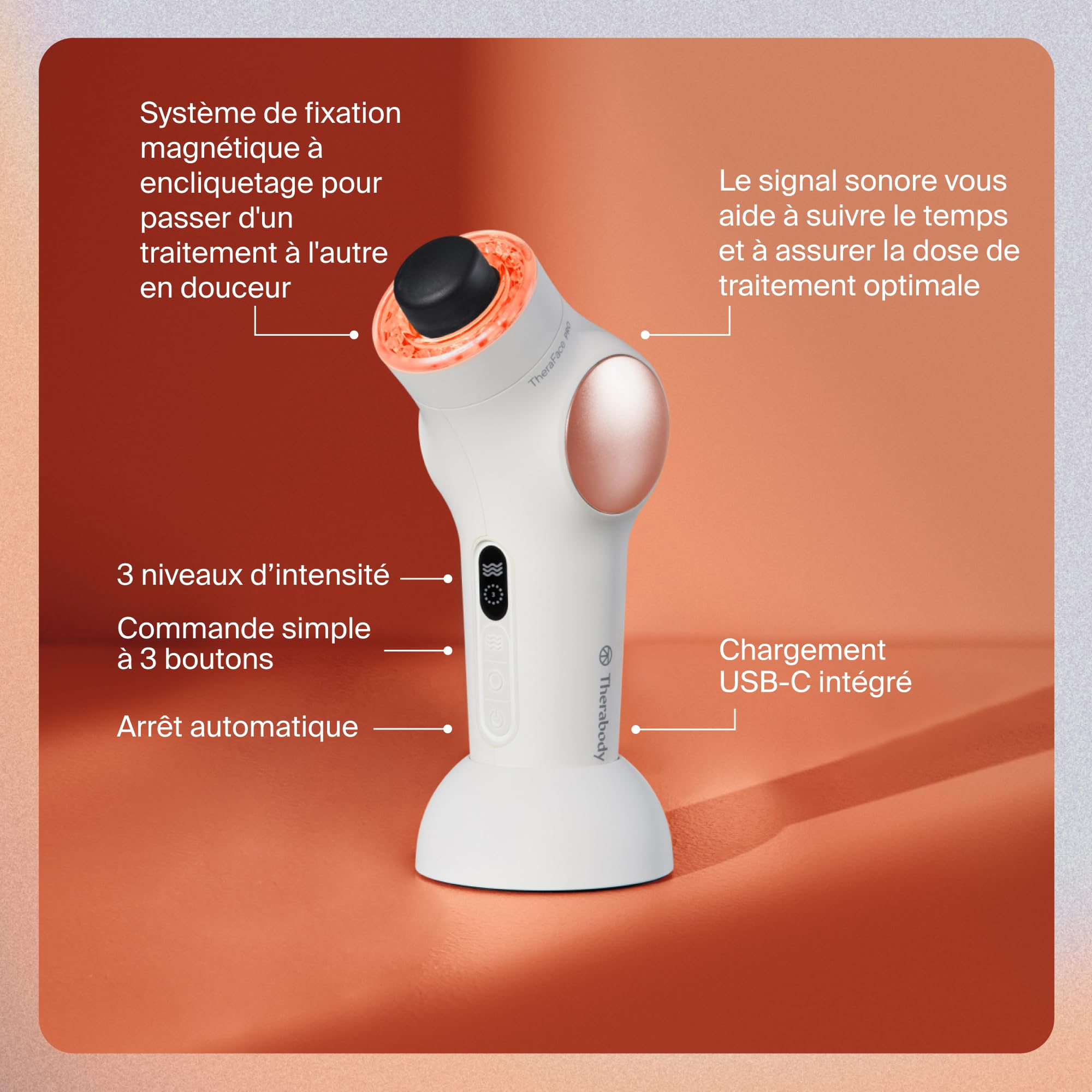 TheraFace PRO - Appareil de massage facial portable - Thérapie électrique pour le visage et les soins de la peau - Traitement 8 en 1 avec anneaux de thérapie par microcourant et lumière LED - Blanc