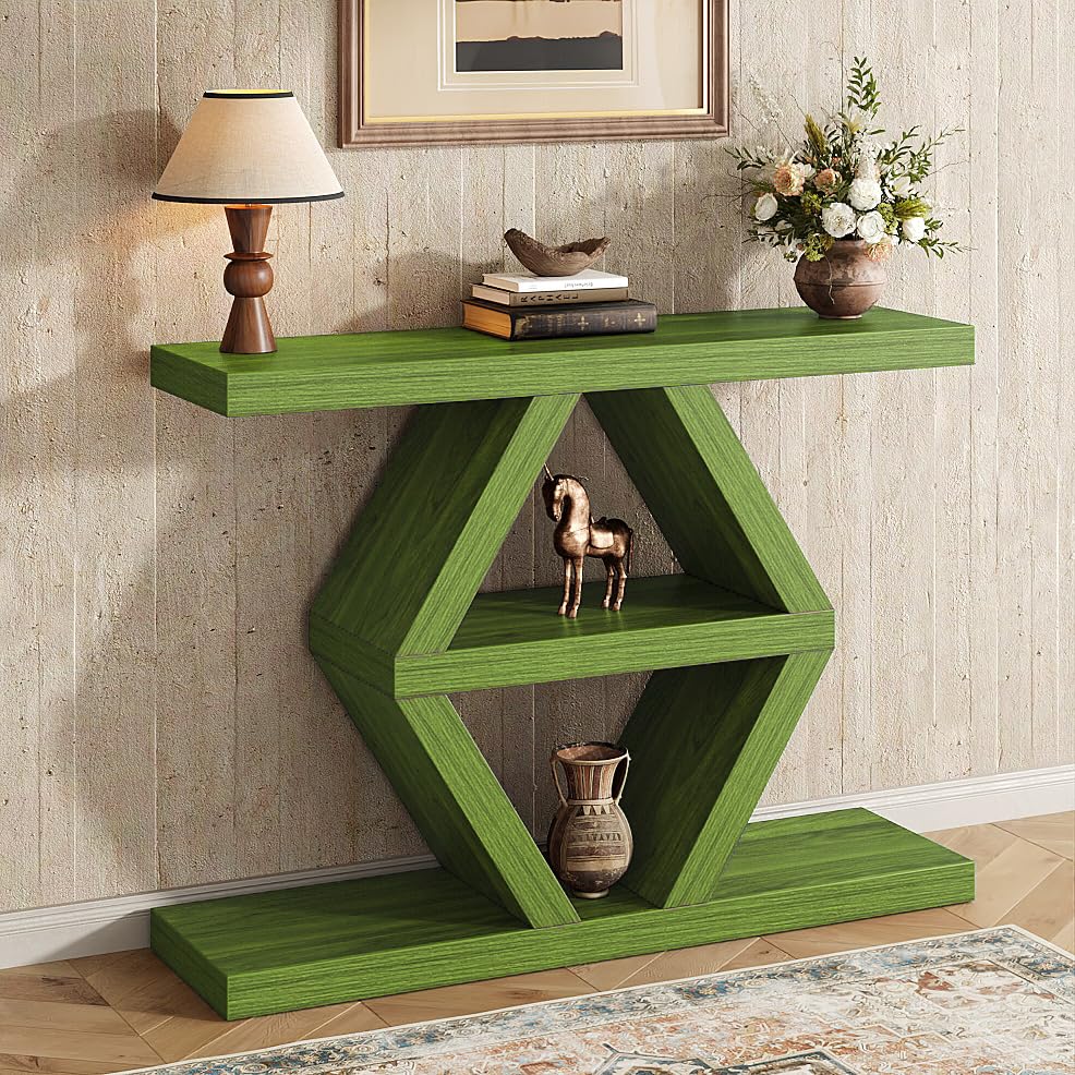 39.37" Farmhouse Console Table, Rustic Entryway Table with 3-Tier Storage Shelves, Wooden Sofa Table Behind Couch, Unique Modern Narrow Entry Table for Hallway Foyer Entrance Living Room, Green