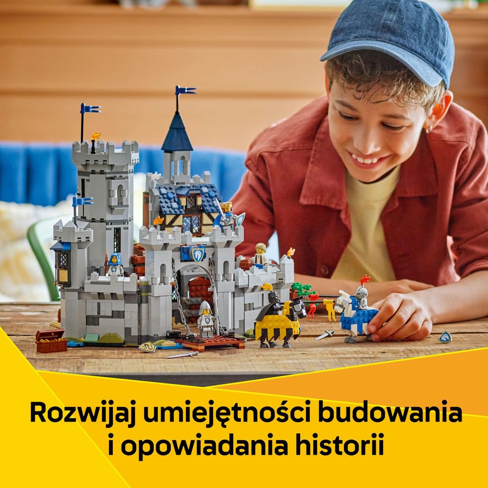 LEGO Creator 3 w 1 Średniowieczny zamek rycerzy konnych 31168 | Zestaw klocków konstrukcyjnych, model zamku do przebudowy na turniej lub miasteczko, prezent dla dzieci 9+, 1371 elementów