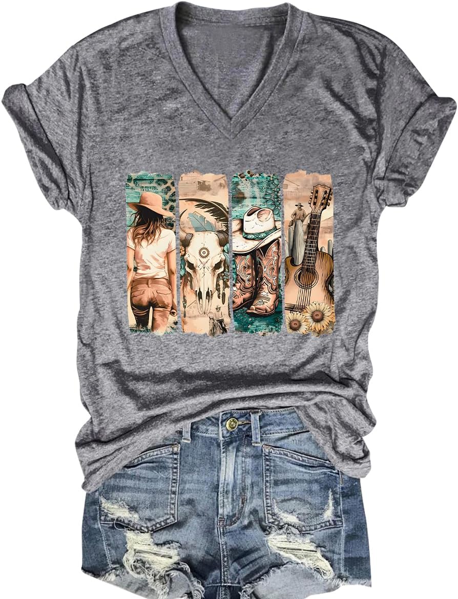 Western Country Shirt for Women Cowgirl Cartoon Boots V Neck Short Sleeve Tops Vintage Cowboy Graphic Tees