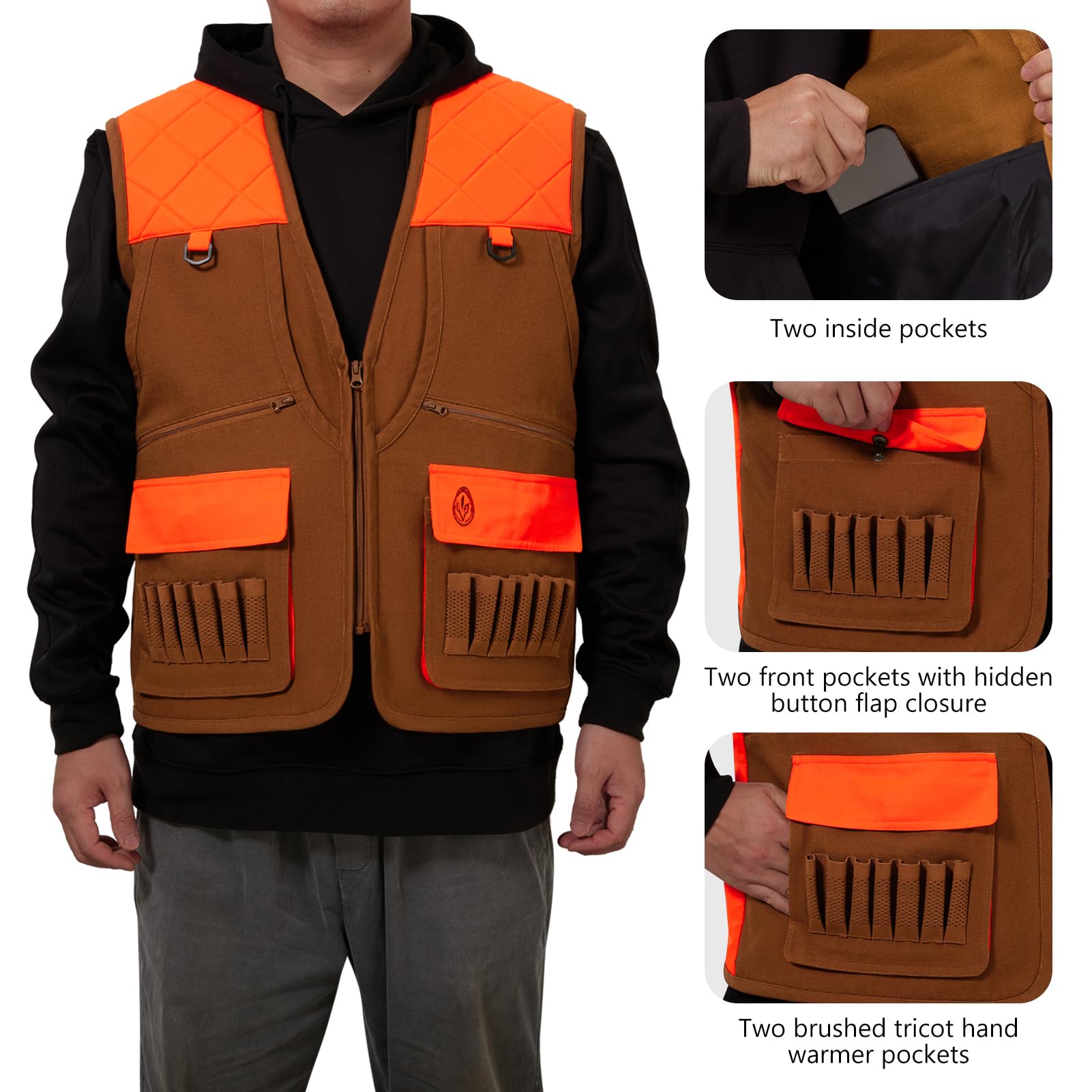 BASSDASH Gilet da caccia per uccelli con tasche multiple, arancione e marrone, resistente all'acqua, antistrappo, per uomini e donne