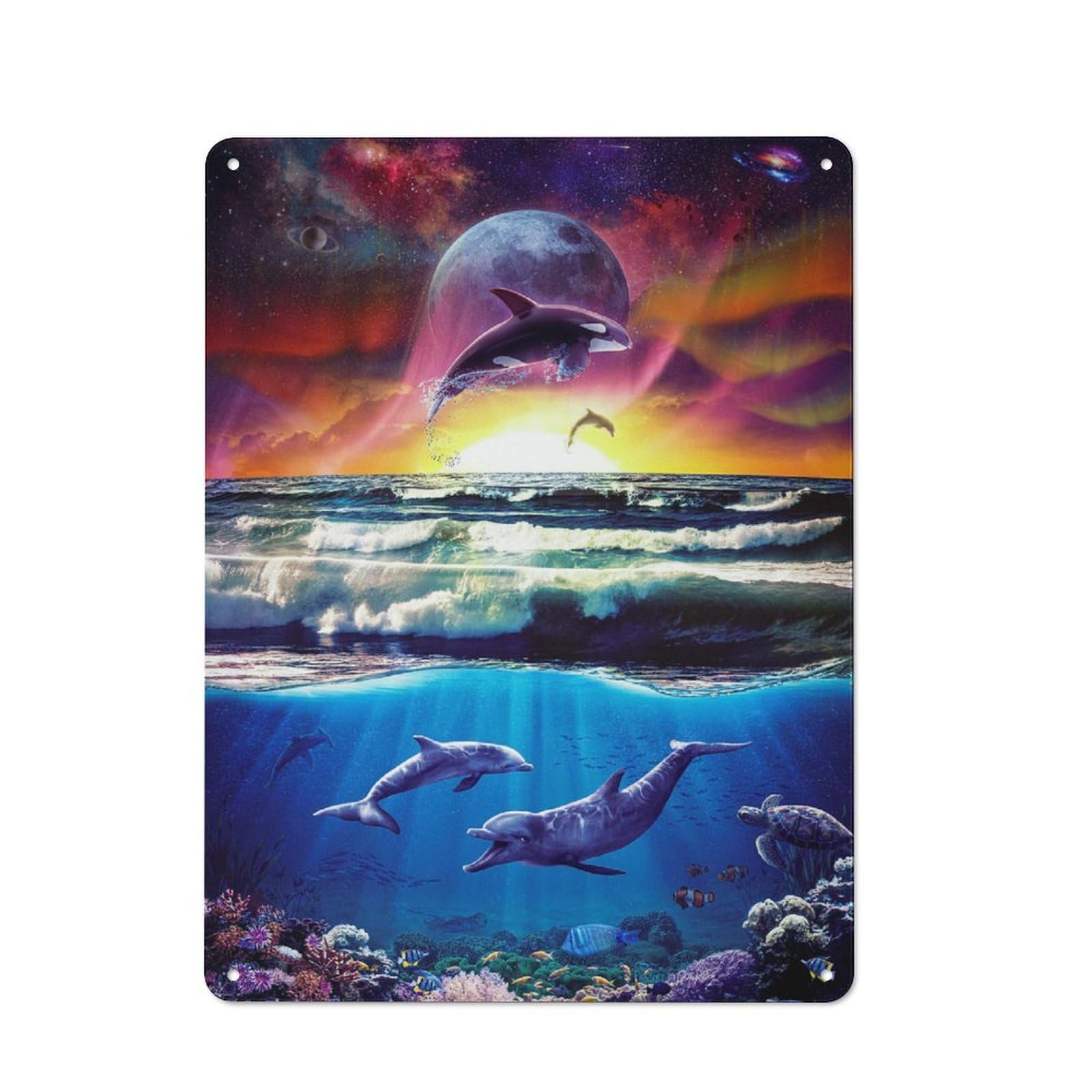 Nostalgic Dolphin Sunset Fantasy Decorative Tin Sign 40x30cm, Vintage Wall Decor for Lounge, Study, Pub Or Wall Gallery