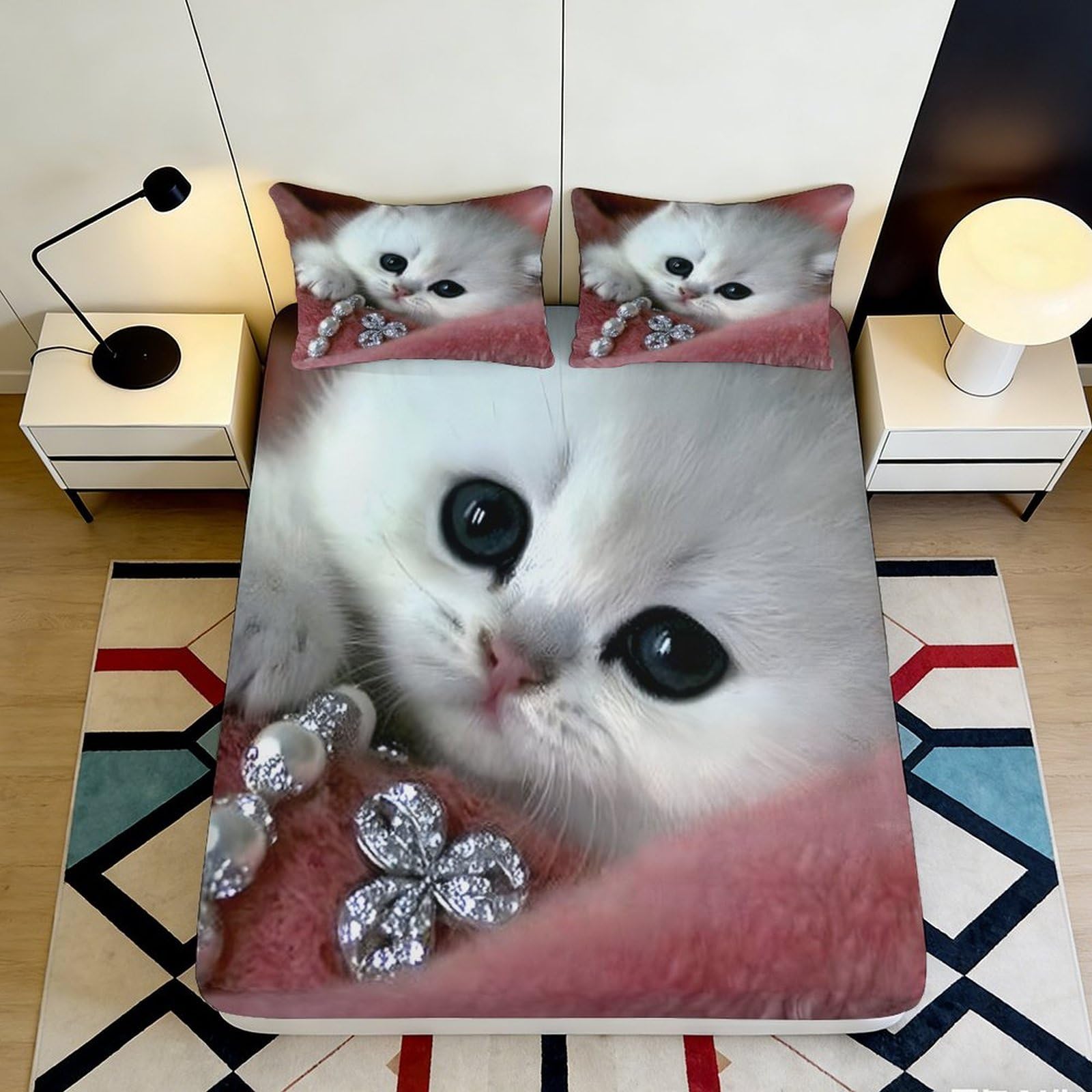 3D Printed White Kitten Fitted Sheet Microfiber Soft Breathable Cat Pattern Bed Cover for Bedroom Dormitory Guest Room Mattress Protection 200x200x25cm