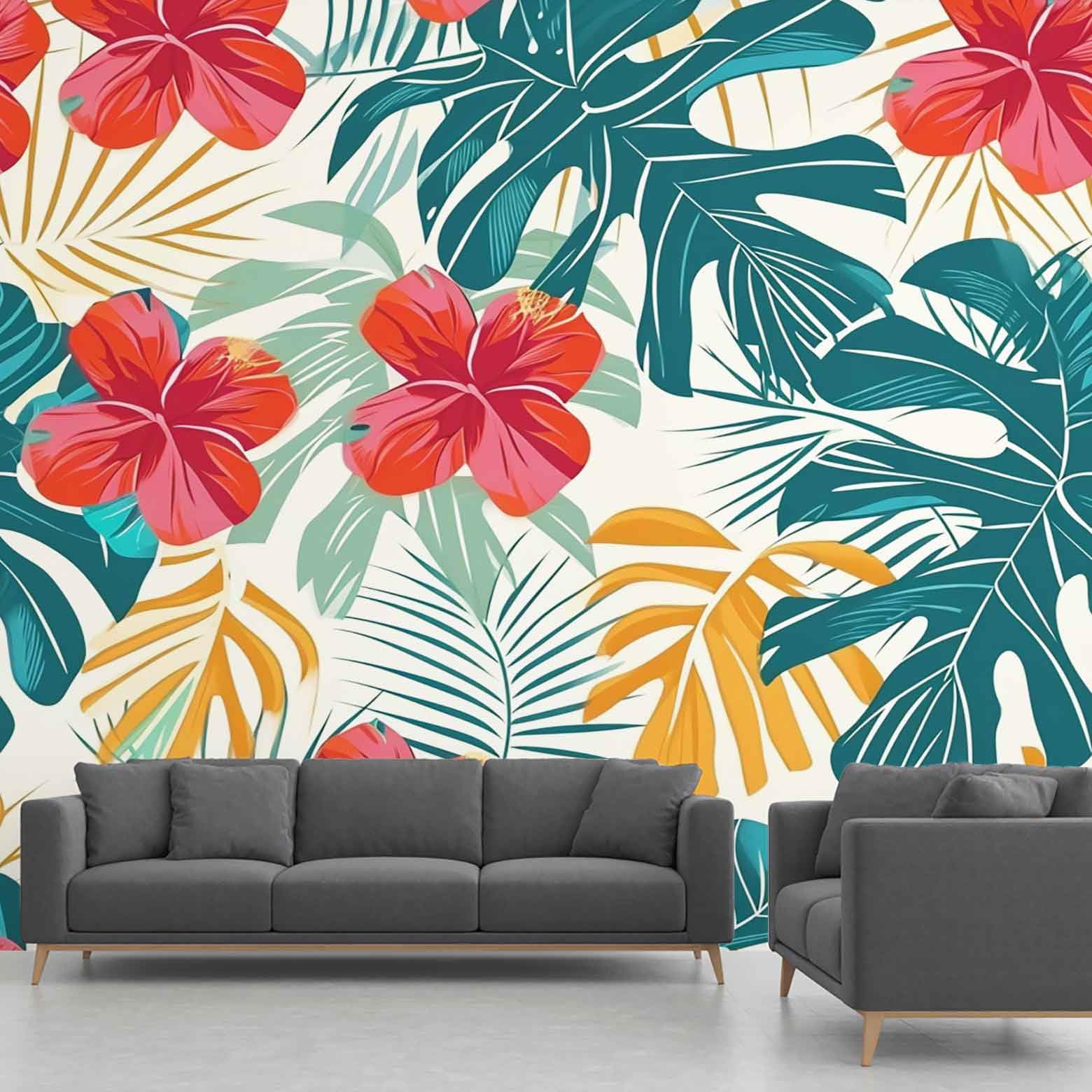 Papier peint panoramique monstera plumeria intissé 450x315 cm
