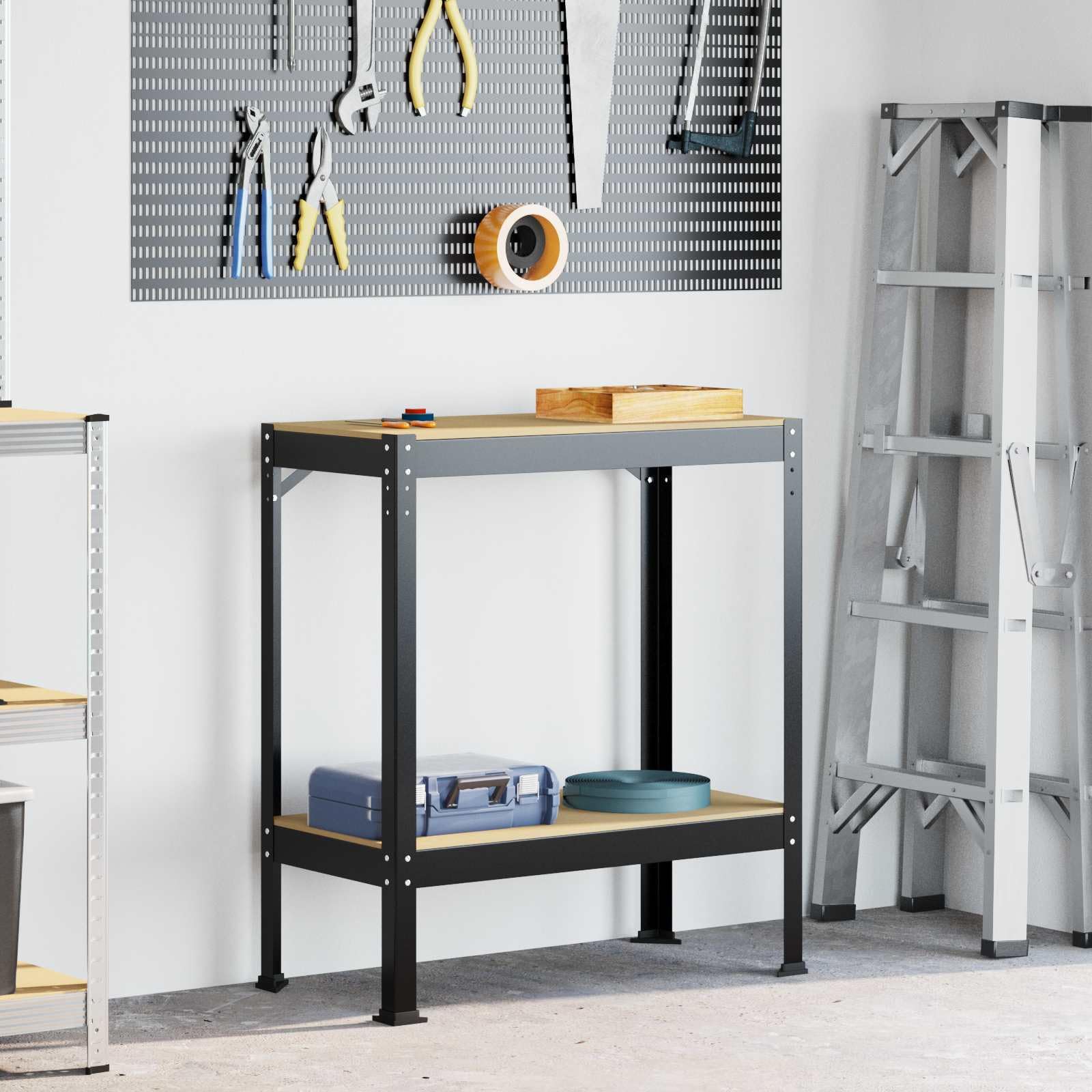 vidaXL Banco de Trabajo con Estante Negro 81 x 41 x 91 cm, Banco de Trabajo Industrial, estación versátil para Garaje, Mesa de Almacenamiento multipropósito, útil y Funcional