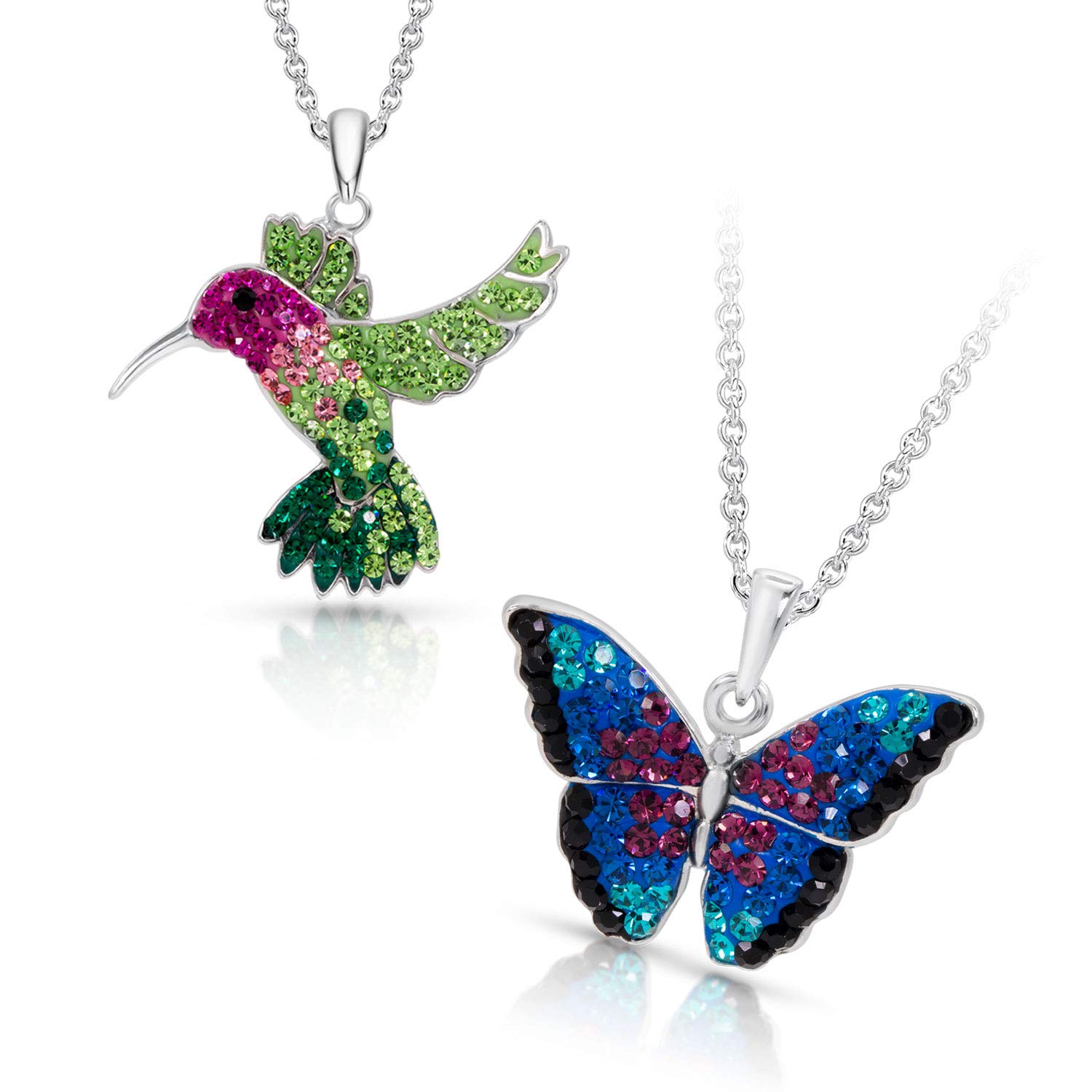 BLING BIJOUX Colorful Crystal Flying Hummingbird and Butterfly Pendant Necklace Never Rust 925 Sterling Silver Natural and Hypoallergenic Chain with Breathtaking Gift Box for a Special Moment of Love