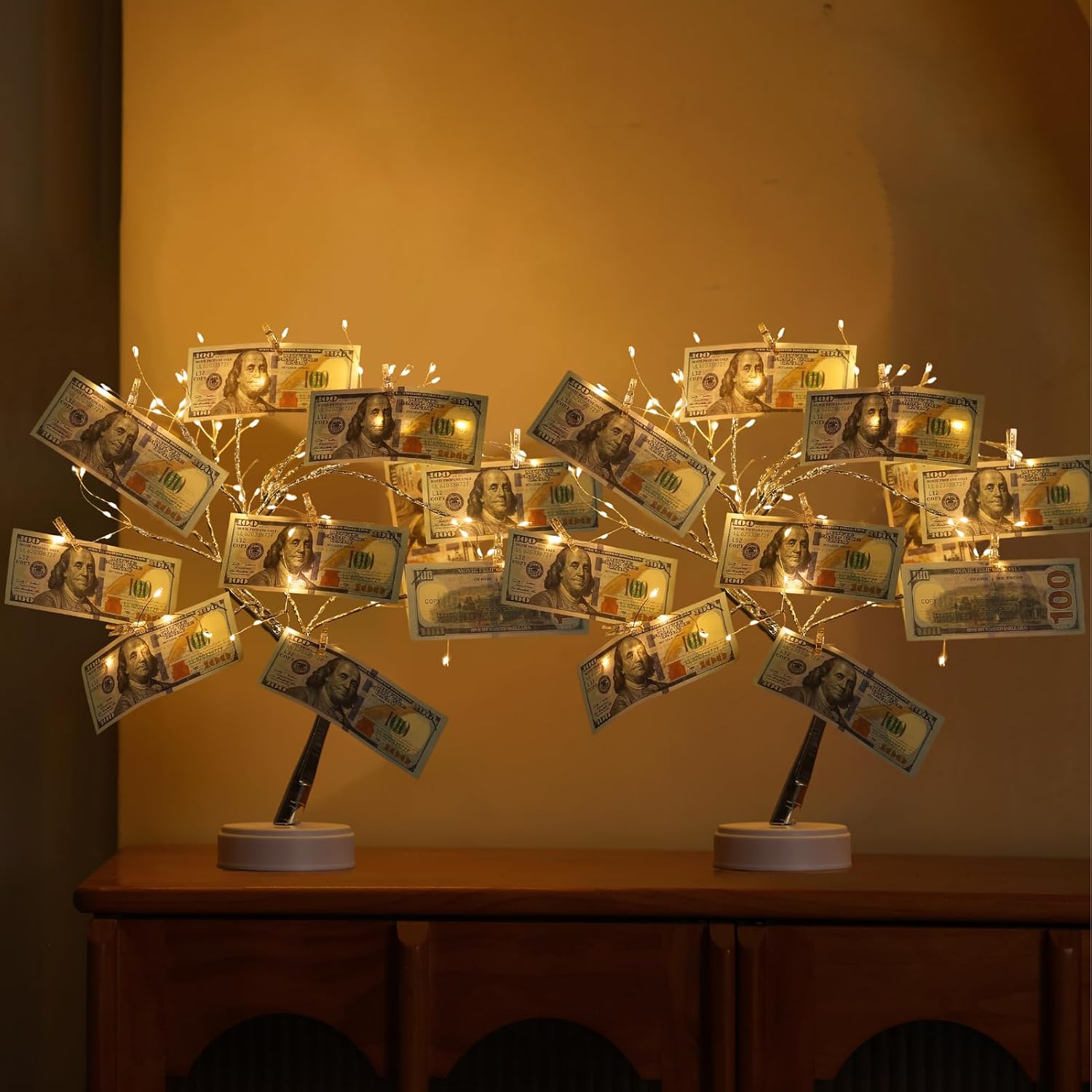 Meonua2-pack Money Tree Gift Holder - 108LED Firefly Lighted Tree with 20 Flash Powder Clips Easter, Wedding, Birthday, Graduation Gift Card & Cash Display USB/Battery Powered