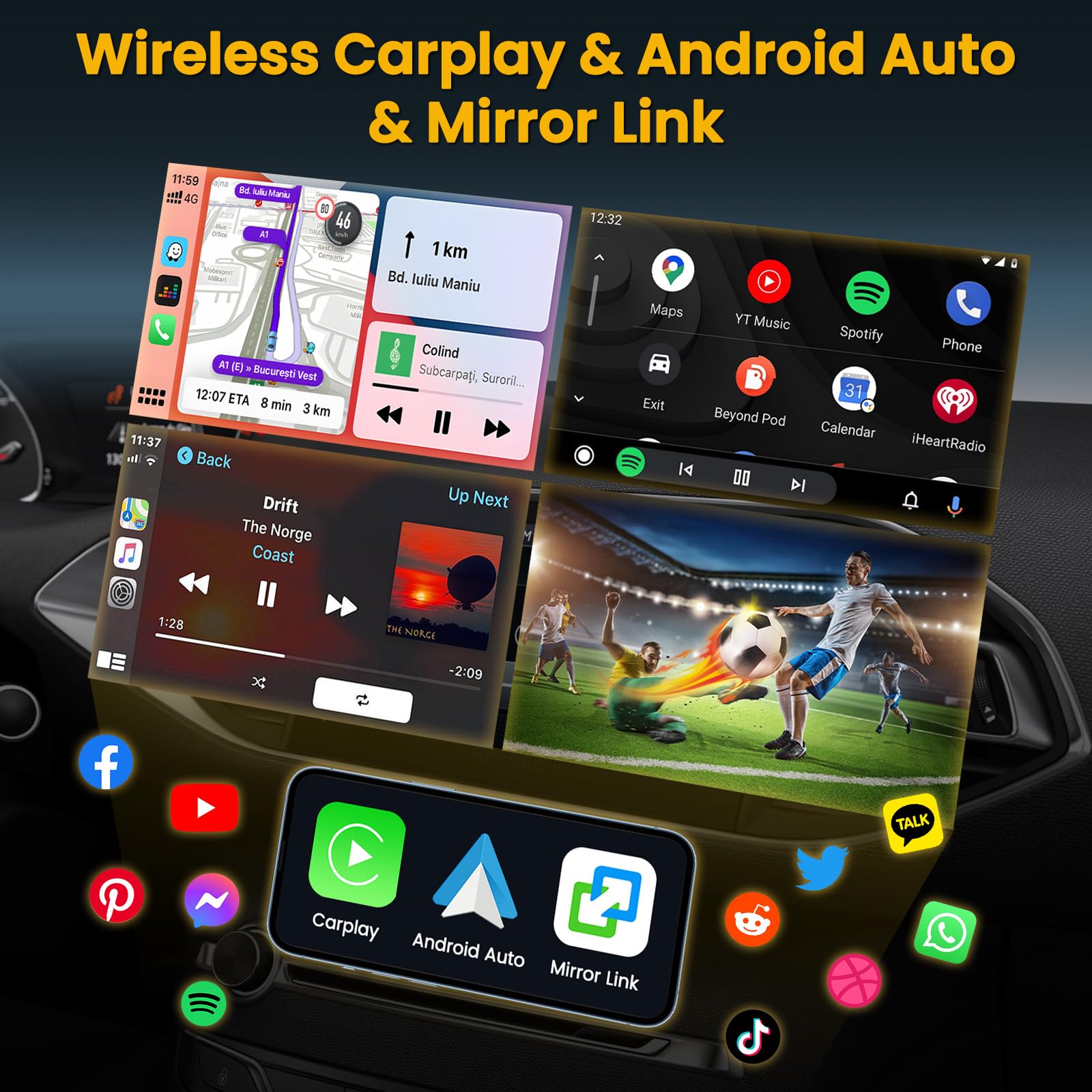 Hikity 1 Din Autoradio Wireless Carplay Andriod Auto 7 Zoll Manuelle Ausfahrbarem Bildchirm Auto Radio Touch Display Bluetooth Android Auto Mirror Link FM Radio USB SWC AUX Type-C Mic Rückfahrkamera