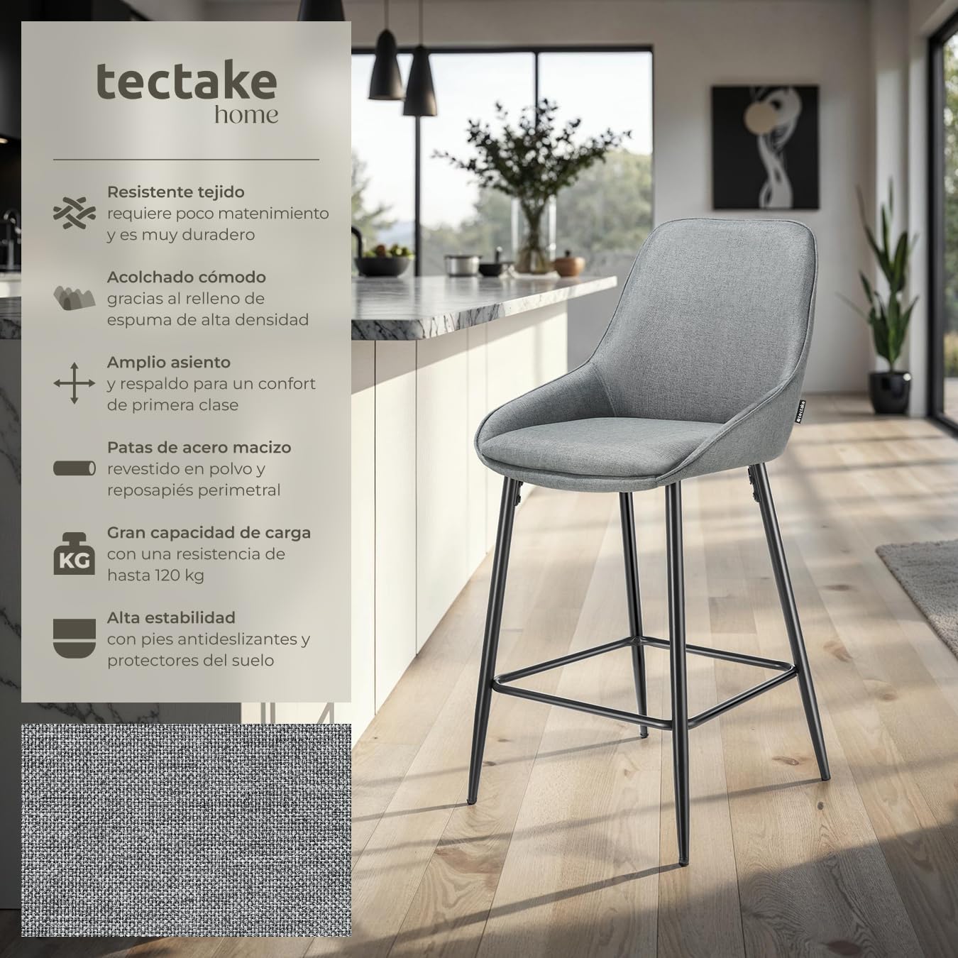 tectake® Taburete Alto con Respaldo, Taburete Cocina con Reposapiés, Silla de Bar Alta, Patas de Acero, Topes Antideslizantes y Regulables, Montaje Rápido, Banqueta - 2 sillas Tejido, Gris/Negro