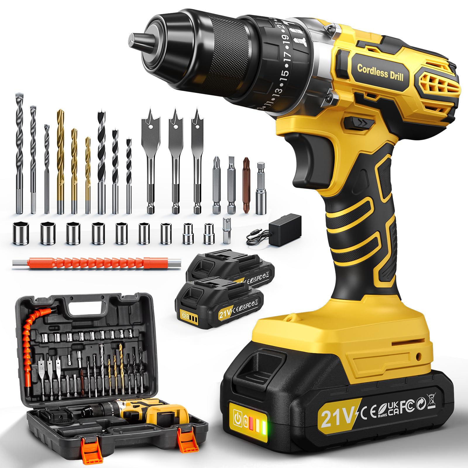 21V Taladro Percutor a Bateria, 45NM Taladro Atornillador Batería, 25+3 Ajuste Par Destornillador Electrico, 2x2.0Ah Baterías, 10mm Portabrocas Metálica, 2 Velocidad, 27 Accesorios, LED Luz